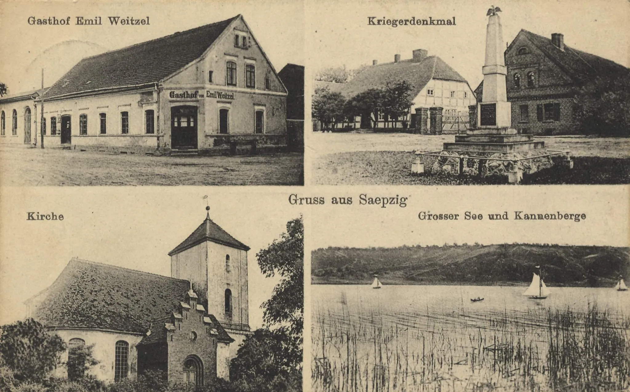 Photo showing: Gasthof Emil Weitzel; Kriegerdenkmal; Kirche; Großer See und Kannenberge