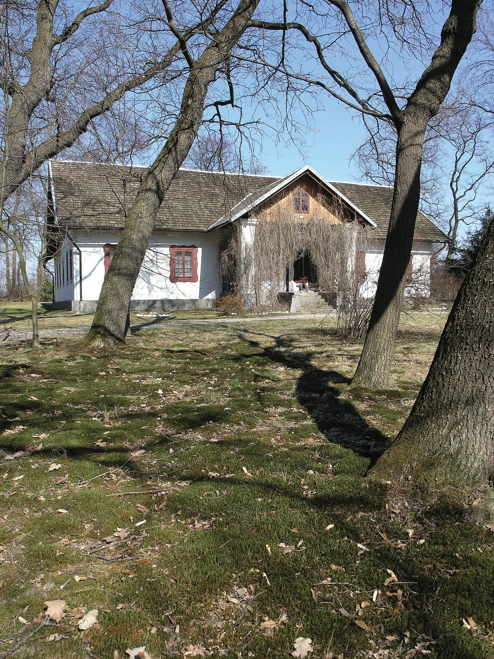 Photo showing: VII Małopolskie Dni Dziedzictwa Kulturowego 2005 r.
W płaskim krajobrazie, w widłach Wisły i Dunajca, otoczony drzewami stoi skromny dwór o charakterystycznej, tradycyjnej formie siedziby szlacheckiej. Ma drewniane, bielone ściany i wysoki dach kryty gontem. Od frontu znajduje się ganek oparty na dwóch filarach i obrośnięty dzikim winem, a przed nim – kolisty gazon. 
Pierwszy dwór w Dołędze postawiono ok. 1820 r., kiedy to wieś została zakupiona przez prywatnych właścicieli (podczas licytacji dóbr kościelnych przejętych przez rząd austriacki). Wcześniej Dołęga należała do posiadłości biskupstwa krakowskiego. Obecny dwór został wybudowany w połowie XIX w. przez Marię Pikuzińską- -Güntherową. Córka Marii i Aleksandra Günthera, Maria Güntherówna, wyszła za mąż za pisarza Ignacego Maciejowskiego („Sewera”), dzięki któremu na przełomie XIX i XX w. we dworze bywali Adam Asnyk, Włodzimierz Tetmajer, Lucjan Rydel, Stanisław Przybyszewski, a także młody Stanisław Wyspiański. 
Majątek uniknął parcelacji po II wojnie światowej i aż do lat 70. XX w. był własnością Jadwigi z Wolskich Tumidajskiej, która odziedziczyła go po przodkach. W 1973 r. przekazała ona dwór państwu z przeznaczeniem na muzeum. Od dwudziestu lat z ramienia Muzeum Okręgowego w Tarnowie gospodarują w nim Irena i Władysław Konieczni. 
Modrzewiowy, parterowy dwór zbudowano w konstrukcji zrębowej na planie podkowy. Główny trakt z gankiem, mieszczący jadalnię, salon i gabinet, pełnił rolę reprezentacyjną. Skrzydła były prywatną przestrzenią gospodarzy: we wschodnim skrzydle znajdowały się sypialnie, a w zachodnim – kuchnia i spiżarnia. 
W salonie, urządzonym meblami biedermeierowskimi i secesyjnymi, można obejrzeć fotografie Güntherów oraz ich przyjaciół bywających w Dołędze. Narożny gabinet, wyposażony XIX-wiecznym kompletem mebli z orzecha, mieści pamiątki związane z powstaniem styczniowym i rabacją chłopską. Z gabinetu prowadzi wejście do pokoju prof. Michała Siedleckiego, wybitnego biologa i podróżnika. Ostatni pokój ekspozycji – sypialnię Jadwigi Tumidajskiej, urządzoną secesyjnymi meblami, zdobią podarowane jej przez Jana Bartosińskiego obrazy autorstwa Stanisława Wyspiańskiego. W zabytkowych wnętrzach zachowały się także piece kaflowe z połowy XIX w.
---
Dołęga 
Manor
Amid the flat landscape between the Wisła and Dunajec rivers, surrounded with trees and preceded by a round lawn, stands a country manor. It has the modest and characteristic aspect of a traditional home of Polish gentry: wooden, whitewashed walls, a tall shingle roof, and a front porch supported on two pillars overgrown with vines. 
The first manor in Dołęga was built around 1820, when the village was bought by private owners at the auction of former ecclesiastical estates appropriated by the Austrian government. Prior to that, Dołęga belonged to the domain of the Kraków bishopric. The present manor was built on the commission of Maria Pikuzińska-Güntherowa, who as a child saw the tragic events of the 1846 peasants’ uprising. Remembering her childhood experience, she later established a school for peasant children in Dołęga. The daughter of Maria and Aleksander Günther, Maria Güntherówna married writer Ignacy Maciejowski, known as ‘Sewer’. The manor then saw many famous visitors at the turn of the 19th and 20th centuries: the poets and painters Adam Asnyk, Włodzimierz Tetmajer, Lucjan Rydel, Stanisław Przybyszewski, and the young Stanisław Wyspiański. 
The estate escaped dismantling after the second world war, and until the 1970s it remained the property of Jadwiga Tumidajska, née Wolska, who inherited it from her ancestors. In 1973, she presented the manor – intended for a museum – to the Polish State. For the last 20 years the house has been cared for by Irena and Władysław Konieczny on behalf of the Tarnów District Museum. 
This single-storey manor was built in larch wood, on a frame structure and the plan of a horseshoe. The main circulation passage, with the porch, dining room, drawing room, and cabinet, was more public, while the wings were private: the eastern wing hid the bedroom, and the western contained the kitchen with the pantry. In the drawing room, furnished in Biedermeier and art nouveau styles, photographs of previous inhabitants and their guests can be seen. The corner study, fitted with a 19th-century a walnut furniture set, contains mementoes of the January Uprising and the Peasants’ Rebellion. Adjoining it is the room of Professor Michał Siedlecki, a famous naturalist and traveller. The last room on display – Jadwiga Tumidajska’s bedroom, with furniture in an art nouveau style – boasts two paintings by Stanisław Wyspiański, a gift of Jan Bartosiński to the hostess. Preserved in the historical interiors are stone and tiled stoves from the mid- -19th century.

(www.dnidziedzictwa.pl)