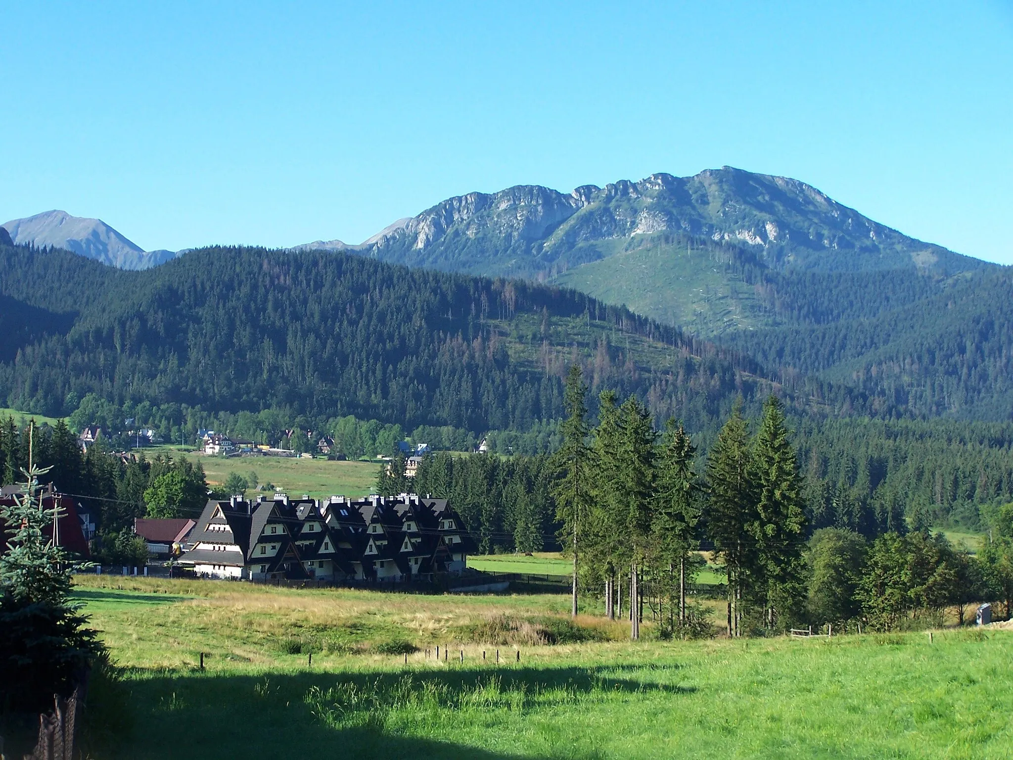 Photo showing: Kościelisko pod Tatrami. Na środku Mały Regiel, po jego prawej stronie Dolina Kościeliska i wznoszący się nad nią (po prawej stronie) Kominiarski Wierch, w głębi Bystra