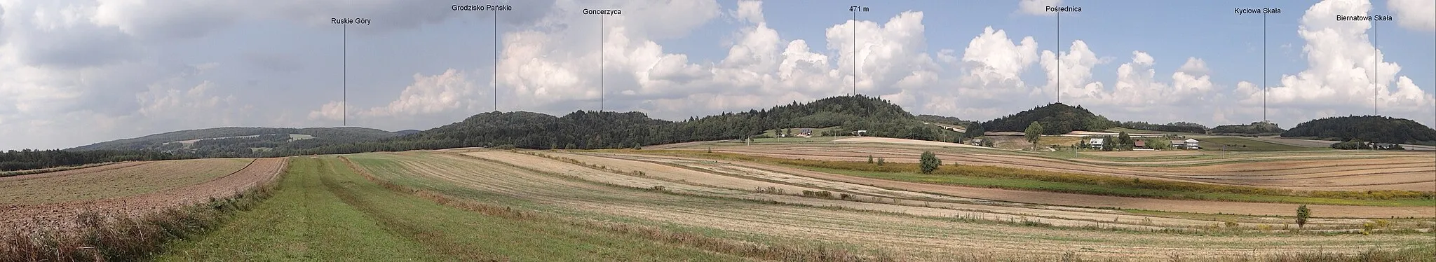 Photo showing: Strzegowa. Panorama w kierunku wzniesień nad Doliną Wodącej