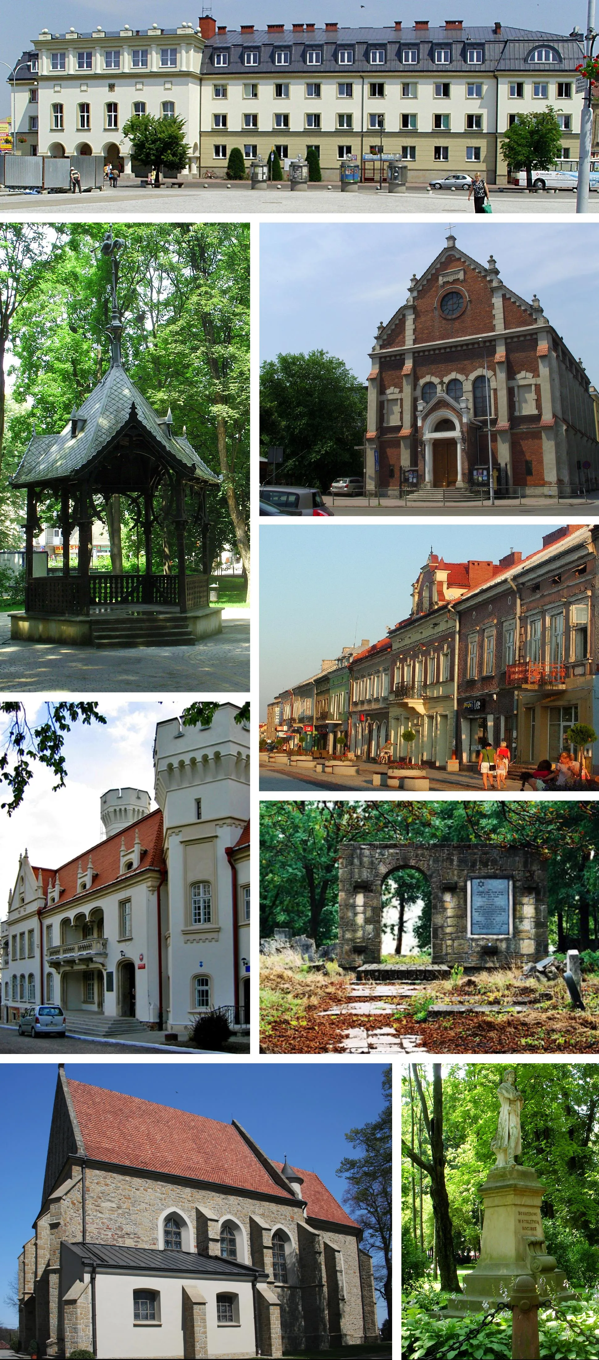 Photo showing: Collage of images of the city of Jasło in Poland, for use in the artcle's infobox. Images are from Commons. (see: listing in the parameter "Source", below)