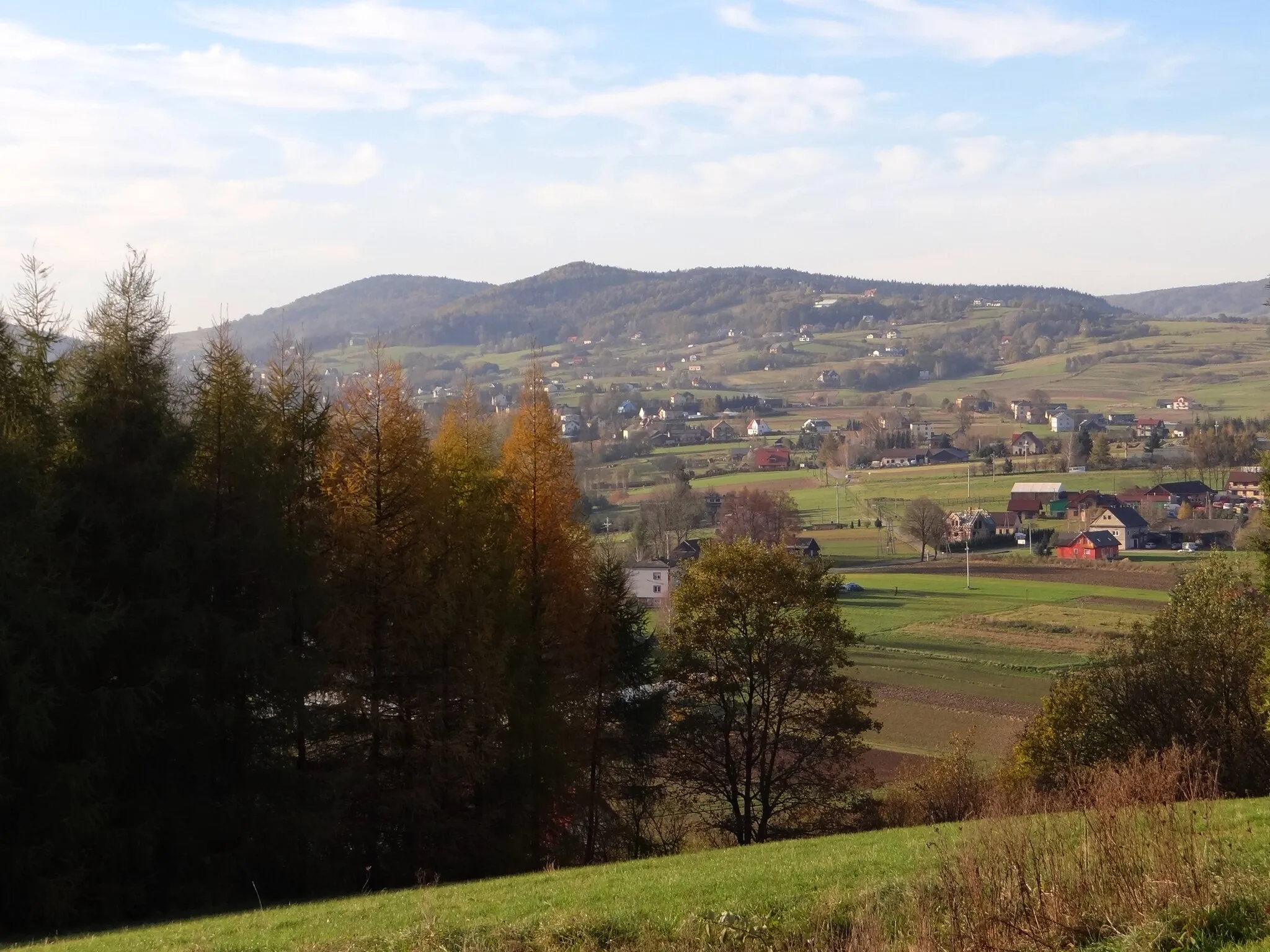 Photo showing: Widok spod krzyża milenijnego w Połomiu Małym na Sołtysie Góry, Porąbkę Iwkowską  i Wojakową