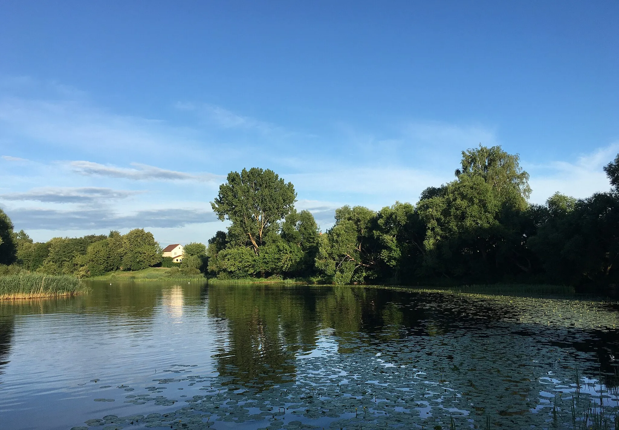 Photo showing: View from the the bridge on the Ulla river bank on a sunny Saturday evening in Lepel.