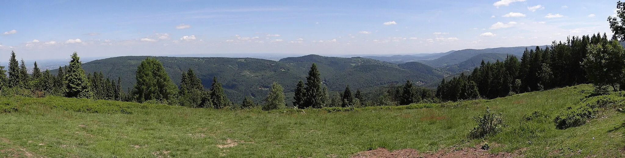 Photo showing: Widok z Kiczery na dolinę Wielkiej Puszczy i grzbiet Bukowskiego Gronia i Trzonki