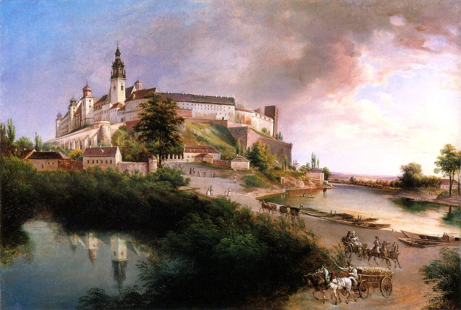 Photo showing: Widok Wawelu od północnego zachodu, Staw na Groblach i przystań flisaków na Wiśle naprzeciw Dębnik