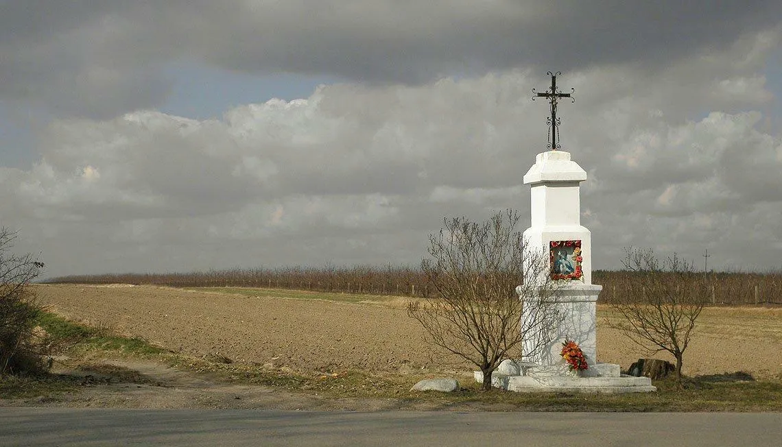 Photo showing: Krzyż przy drodze Białobrzegi - Mogielnica, w tle sad jabłoniowy aż po horyzont.