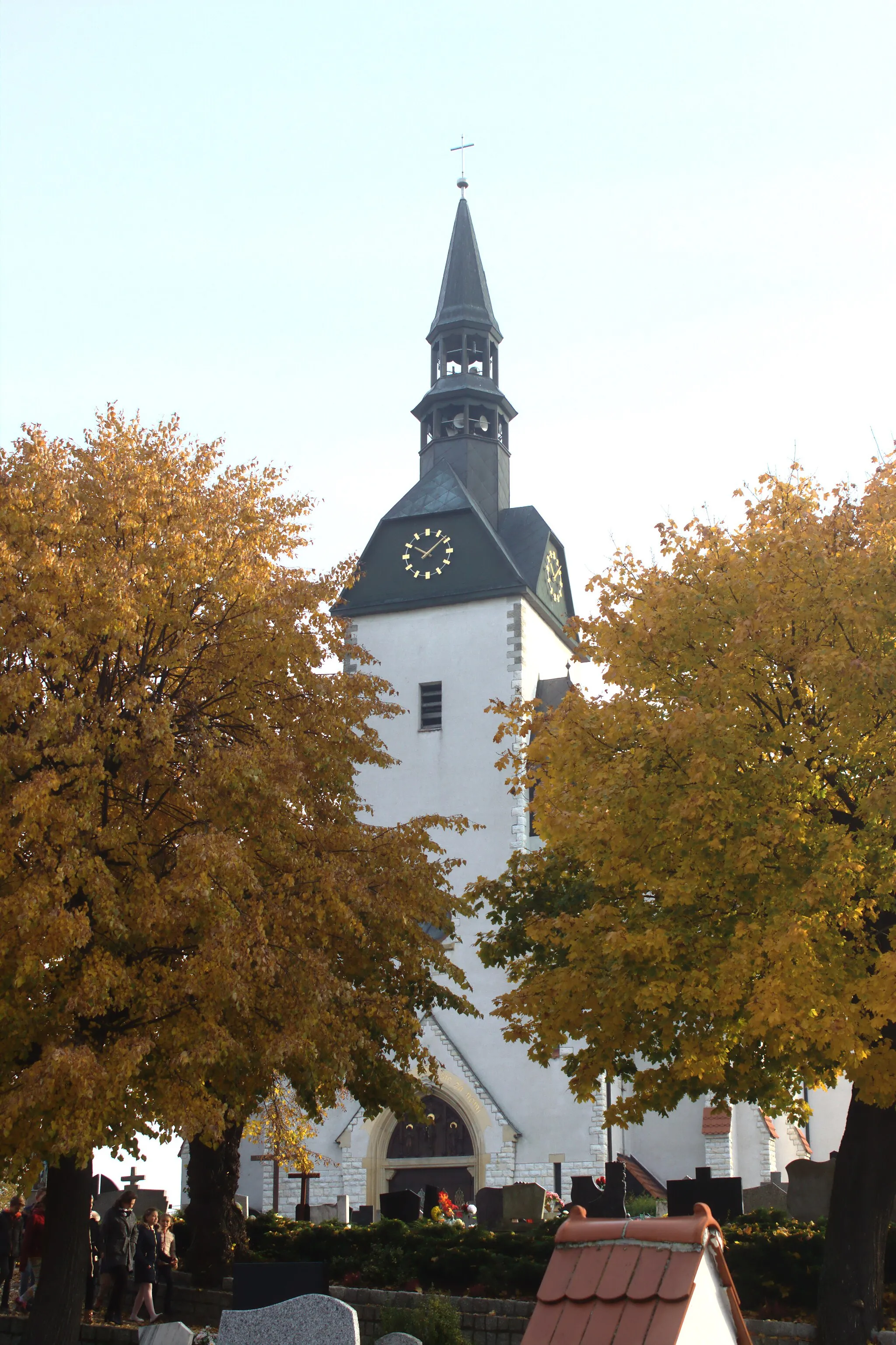 Photo showing: St. Anne church tower, seen from the local cemetery. Opole Voivodeship, Poland