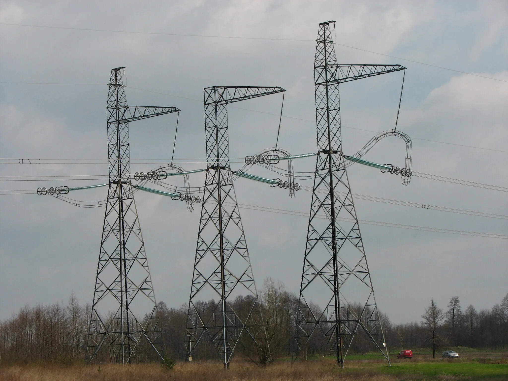 Photo showing: Rzeszów/Widełka–Khmelnytskyi 750 kV powerline: transmission towers near the power line crossing of the national road DK19 in Nienadówka, Poland.