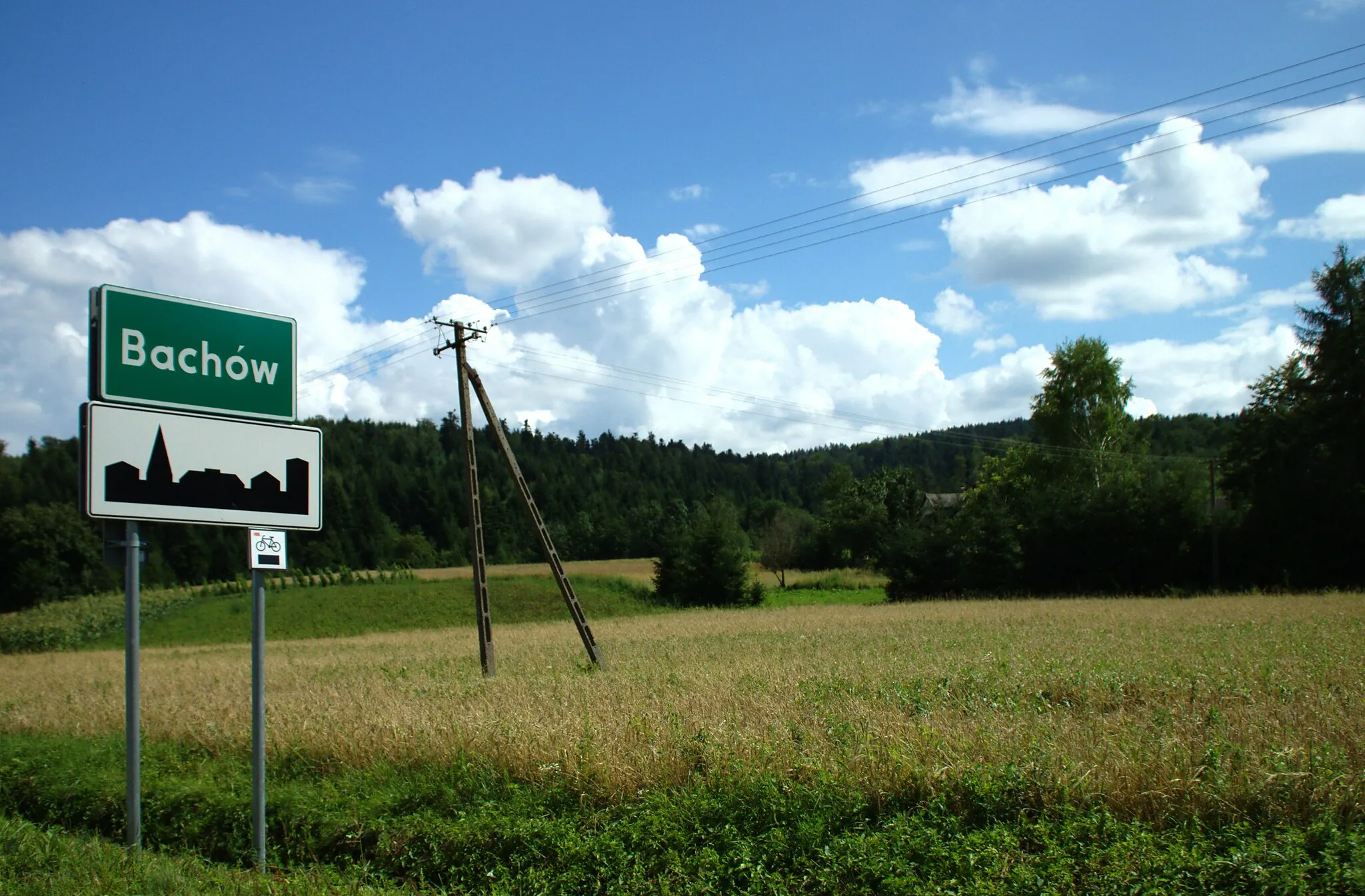 Photo showing: Polish road signs (znak E-17a: inhabited area; znak D-42: built up area; znak R-1: regional cycle route). Arriving to the village of Bachów, Podkarpackie voivodeship, Poland