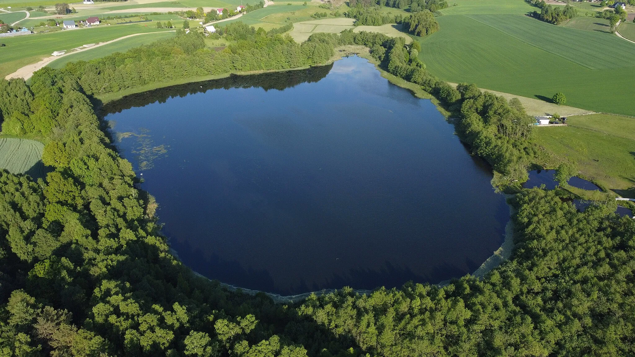 Photo showing: Zdjęcie z drona. Jezioro Łekno – jezioro wytopiskowe na Pojezierzu Kaszubskim w gminie Szemud. Widok od zachodu.