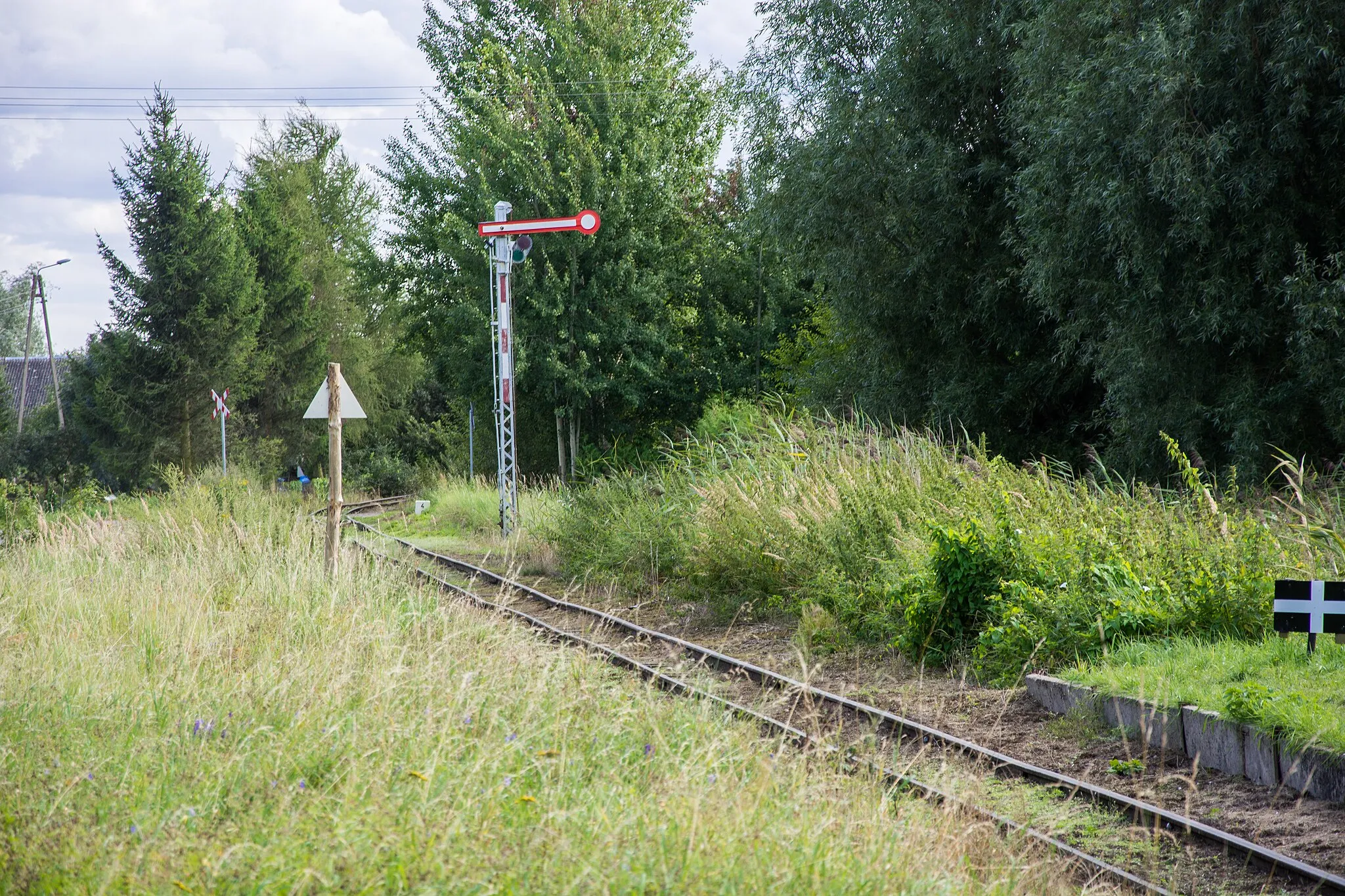 Photo showing: Rybina train station. The view to the south. Semaphore before swing bridge.