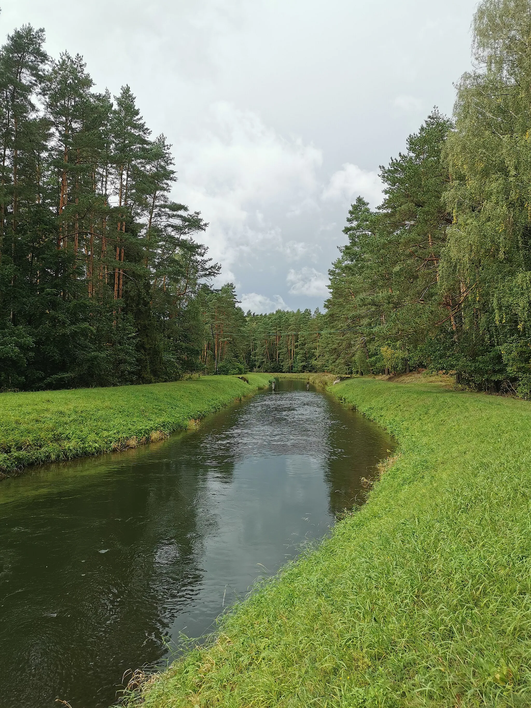 Photo showing: Infrastruktura hydrotechniczna na Słupi. Kanał derywacyjny prowadzający wodę od syfonu w Niepoględziu do zamku wodnego w Gałąźni Małej.