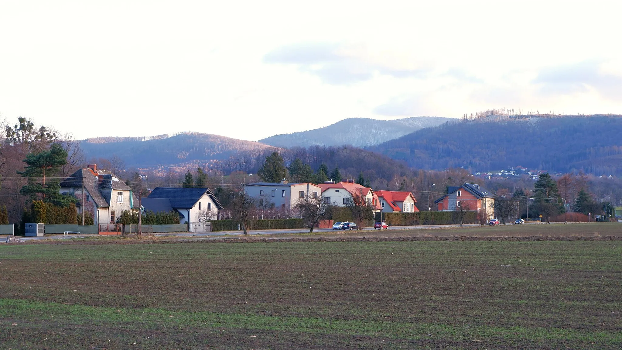 Photo showing: Zdrojowa Street in Jaworze Dolne, Cieszyn Silesia, with a view of the Silesian Beskids
