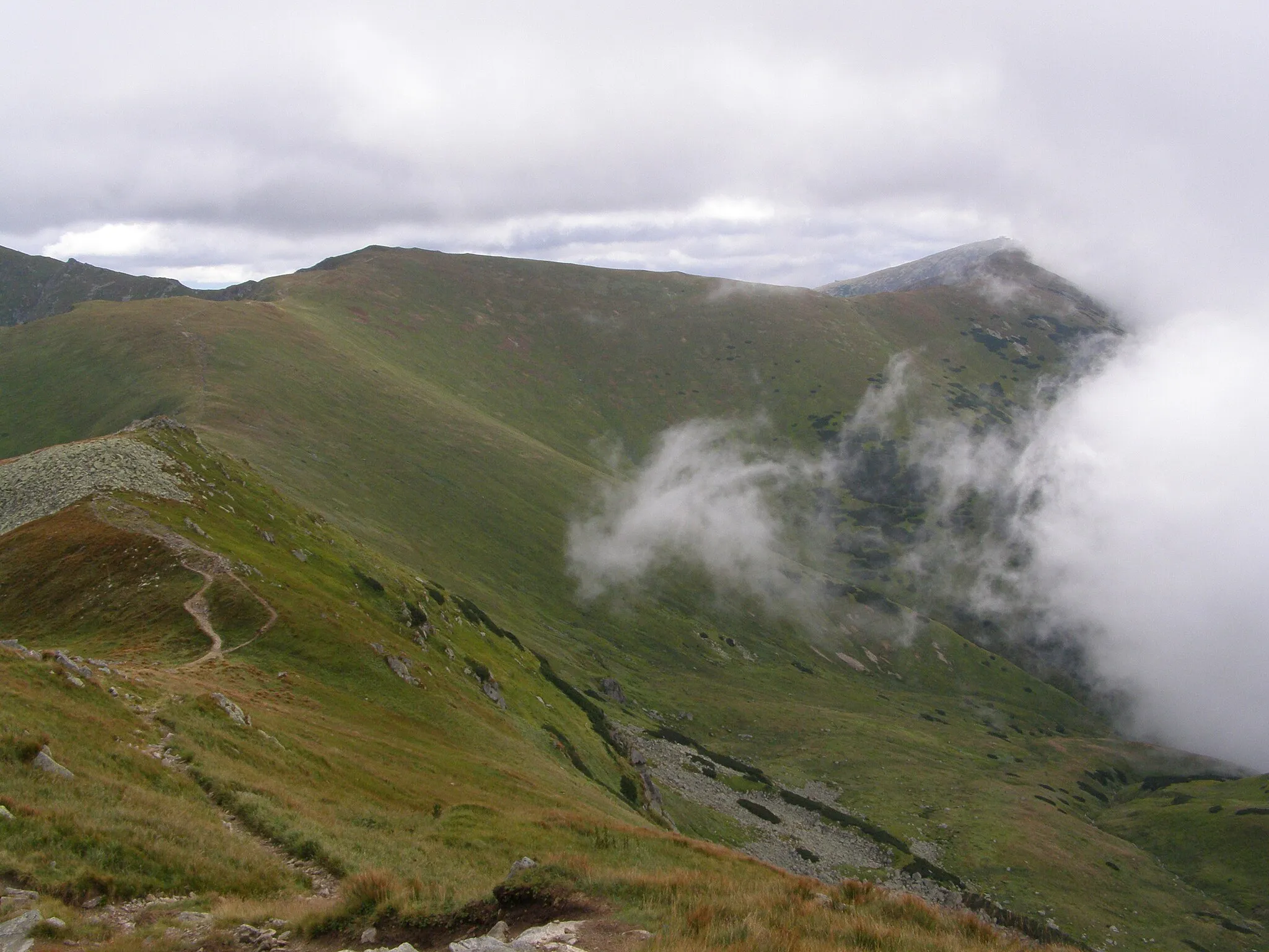 Photo showing: Nízké Tatry, Ďumbierské Tatry, západní strana vrcholu Poľana, pohled z úbočí vrcholu Kotliská (1937 m)