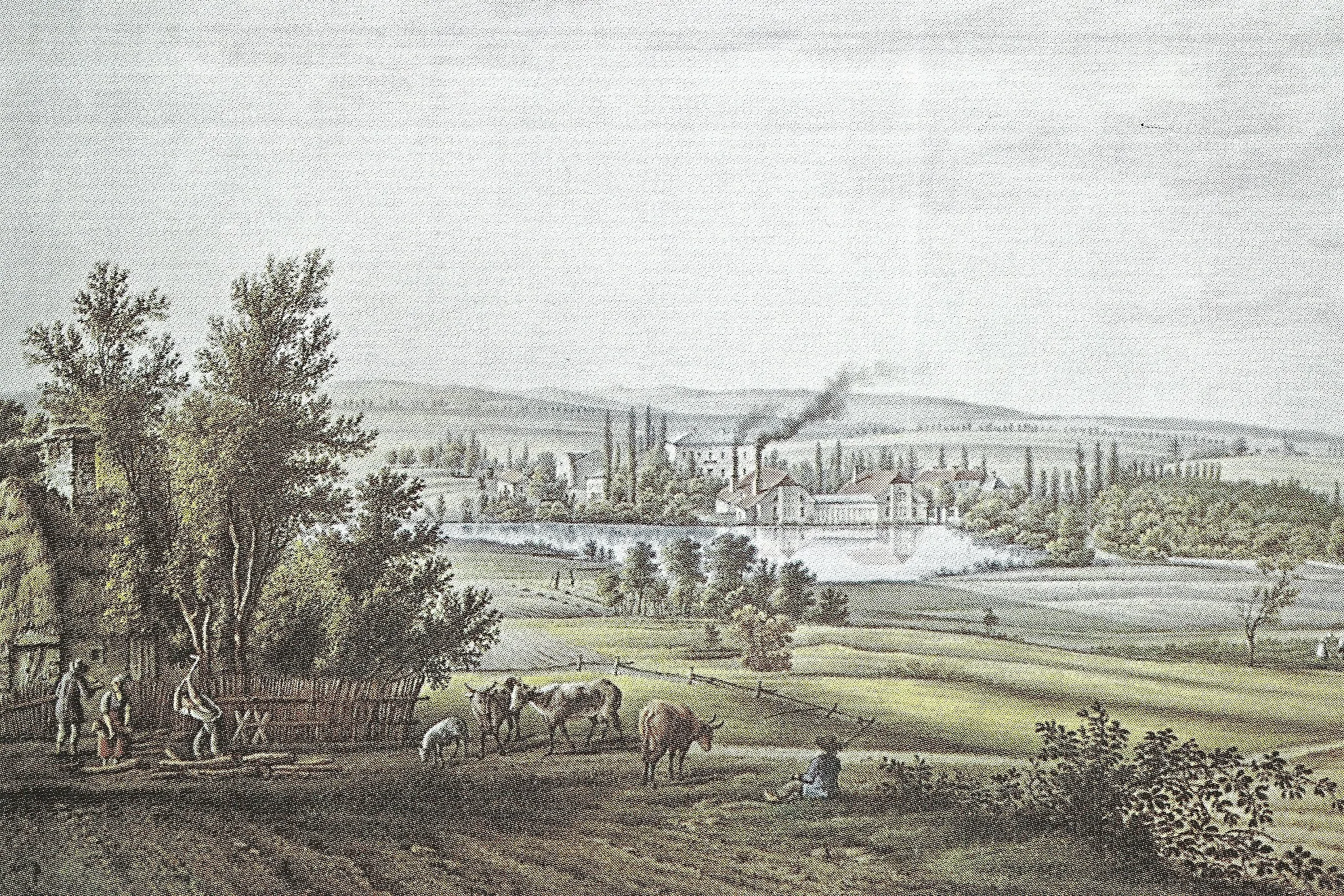 Photo showing: The metallurgical plant in Paruszowiec on the lithograph by Ernst Wilhelm Knippel