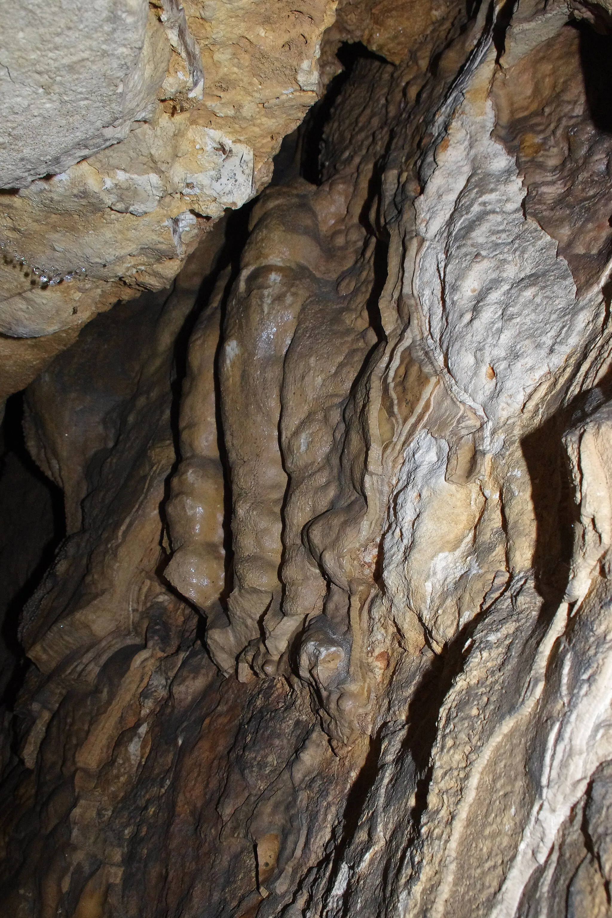 Photo showing: remnants of the speleothems in the W Kielnikach Cave, Przymiłowice-Kotysów, Jura, Poland