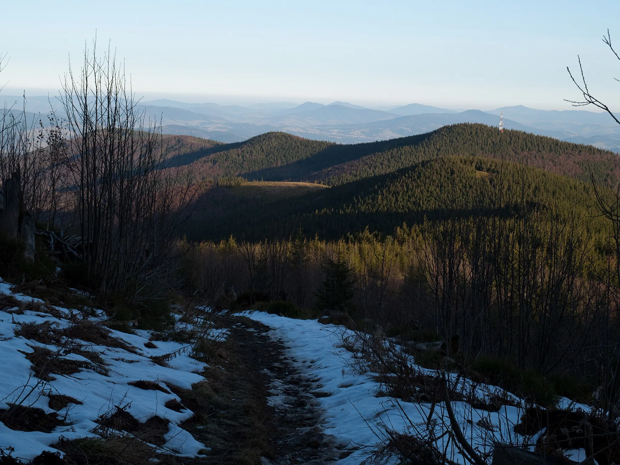 Photo showing: Okrąglica (with telecommunication mast) – view from the ridge below the summit of Polica.