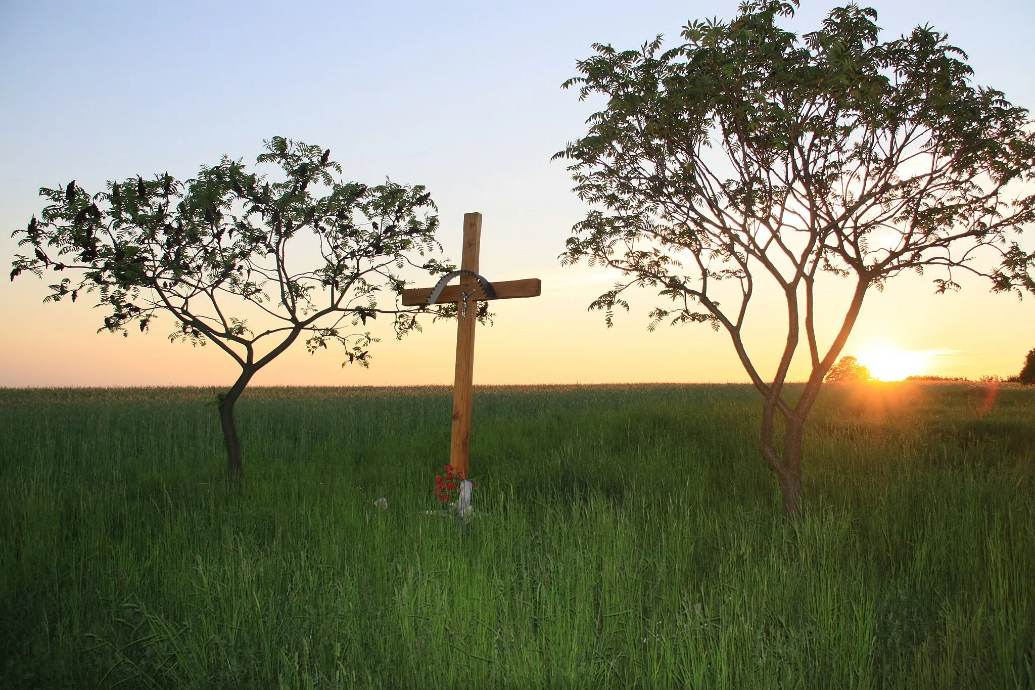 Photo showing: Skotniki Małe - Wayside cross on border of village. (object: http://wikimapia.org/#lat=50.4425377&lon=20.7965291&z=15&l=28&m=h)