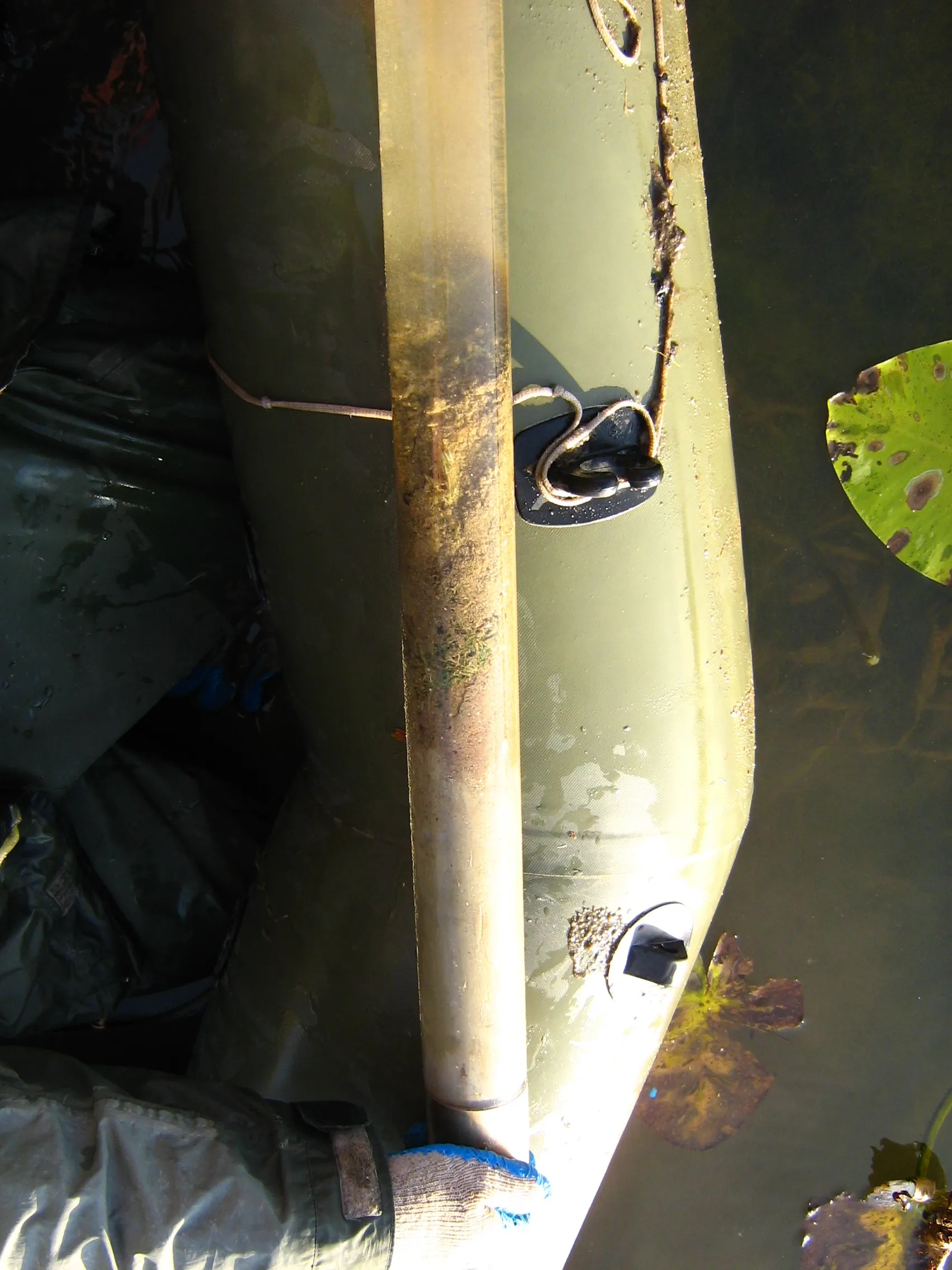 Photo showing: Lake sediment core in a Kajak probe. Lake Zawadzkie, Poland. Water - pelogen - peat/organic gyttja - calcareous gyttja