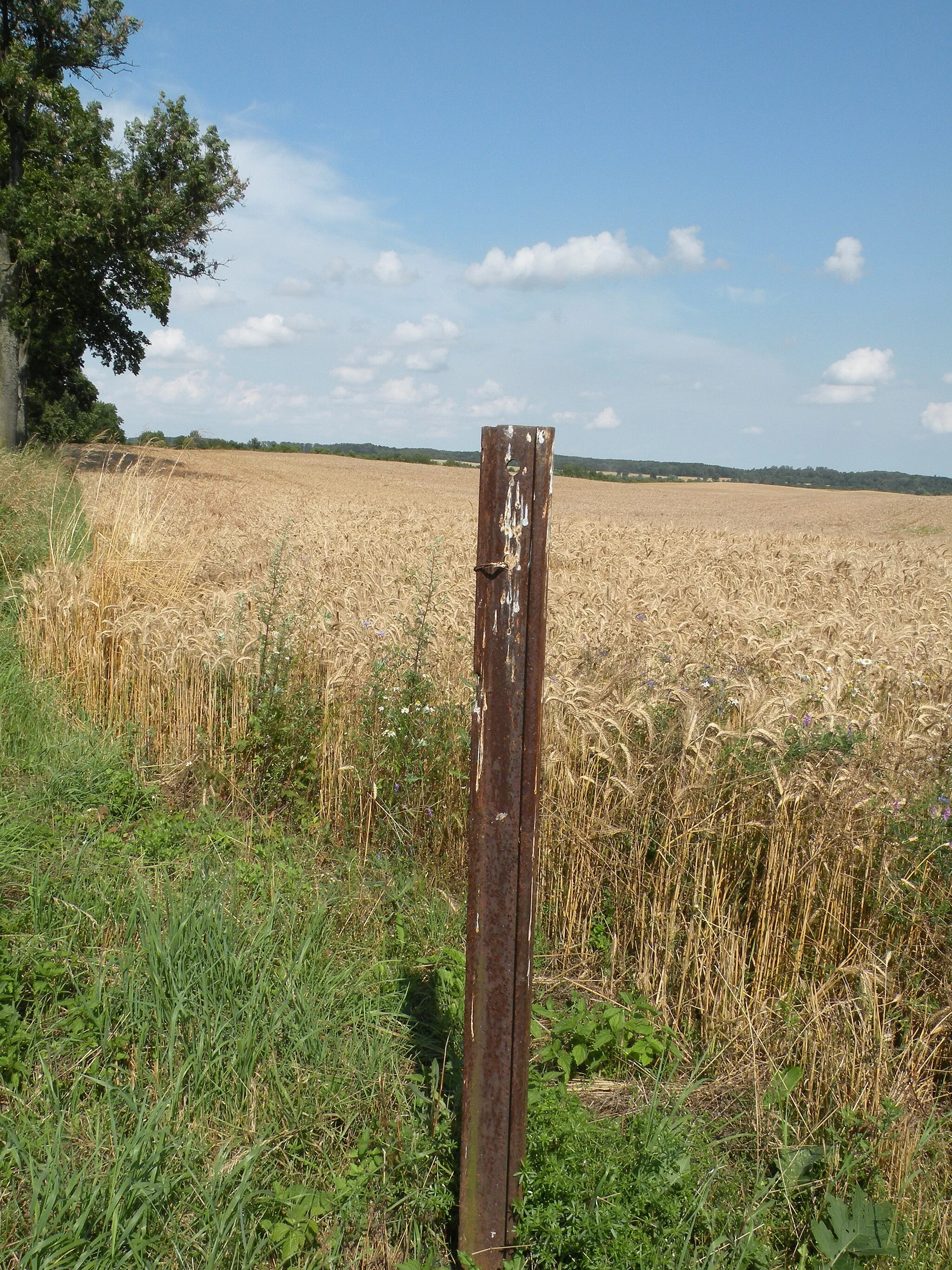 Photo showing: Myślice, fragment szyny z kolei wąskotorowej jako słupek na polu, droga z Myślic do pudłowca