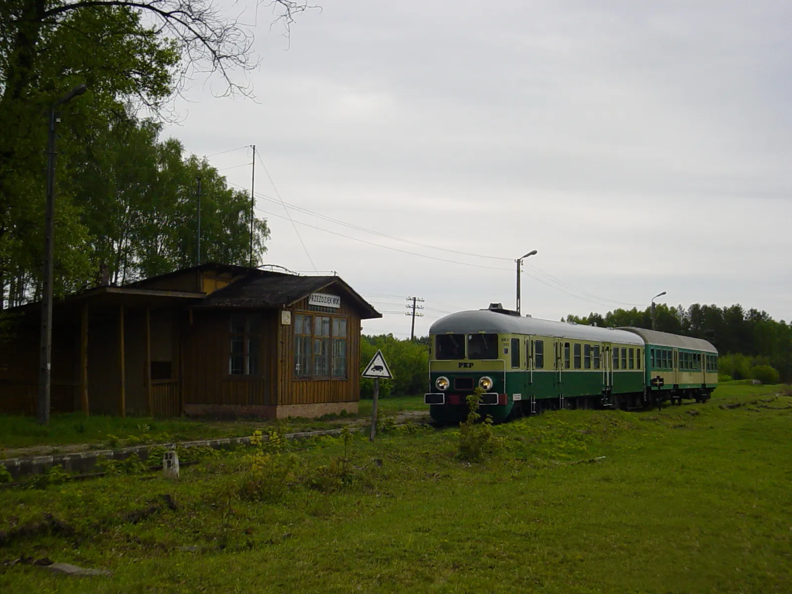 Photo showing: Train stop in Przeździęk Wielki, Poland, on route 225, with a tourist train (diesel railcar SN61).