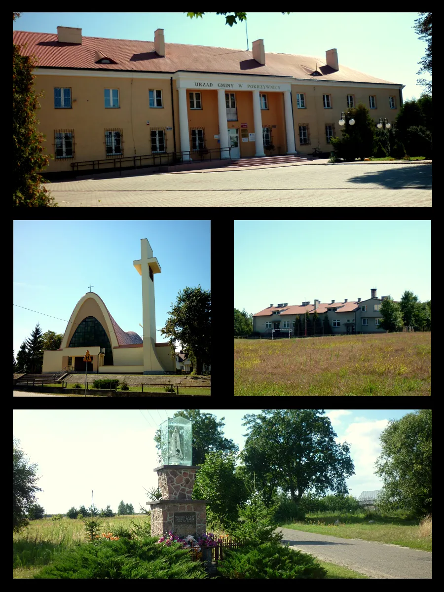 Photo showing: Urząd Gminy w Pokrzywnicy, Kościół w Pokrzywnicy, Szkoła Podstawowa w Pokrzywnicy, Kapliczka Matki Boskiej Fatimskiej w Pokrzywnicy