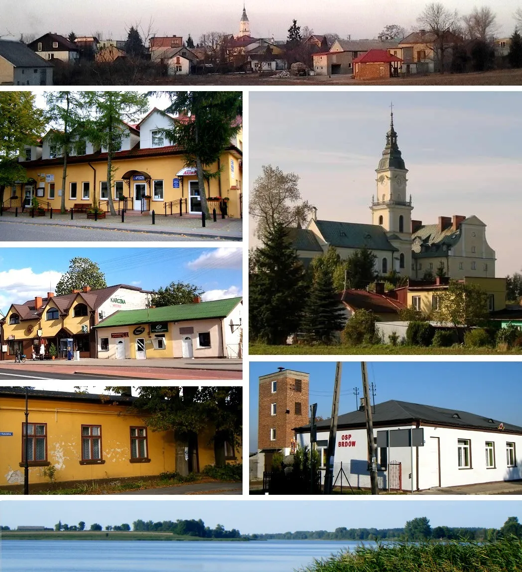 Photo showing: Brdów - village in central Poland: Brdów panorama, Health Center, St Adalbert's church, Restaurant/bank/shops, building of the Society of Friends of the Earth of Brdów, Fire Department, Lake Brdowskie.