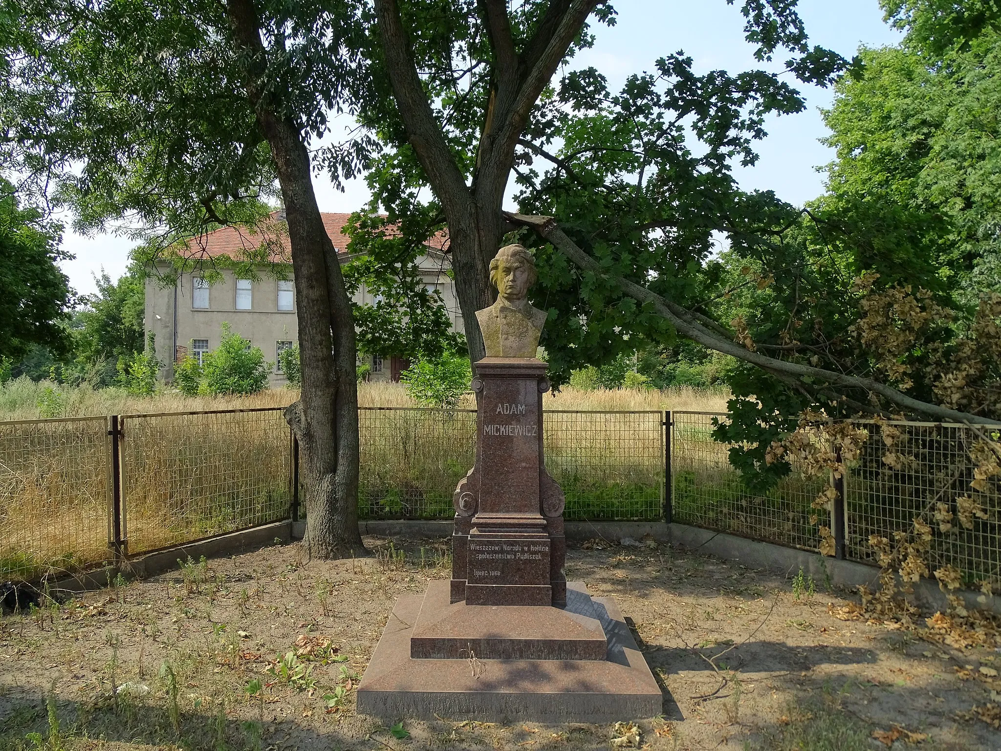 Photo showing: Pomnik Adama Mickiewicza. W tle pałac z 1823 roku. Zdjęcie wykonano w Pudliszkach
