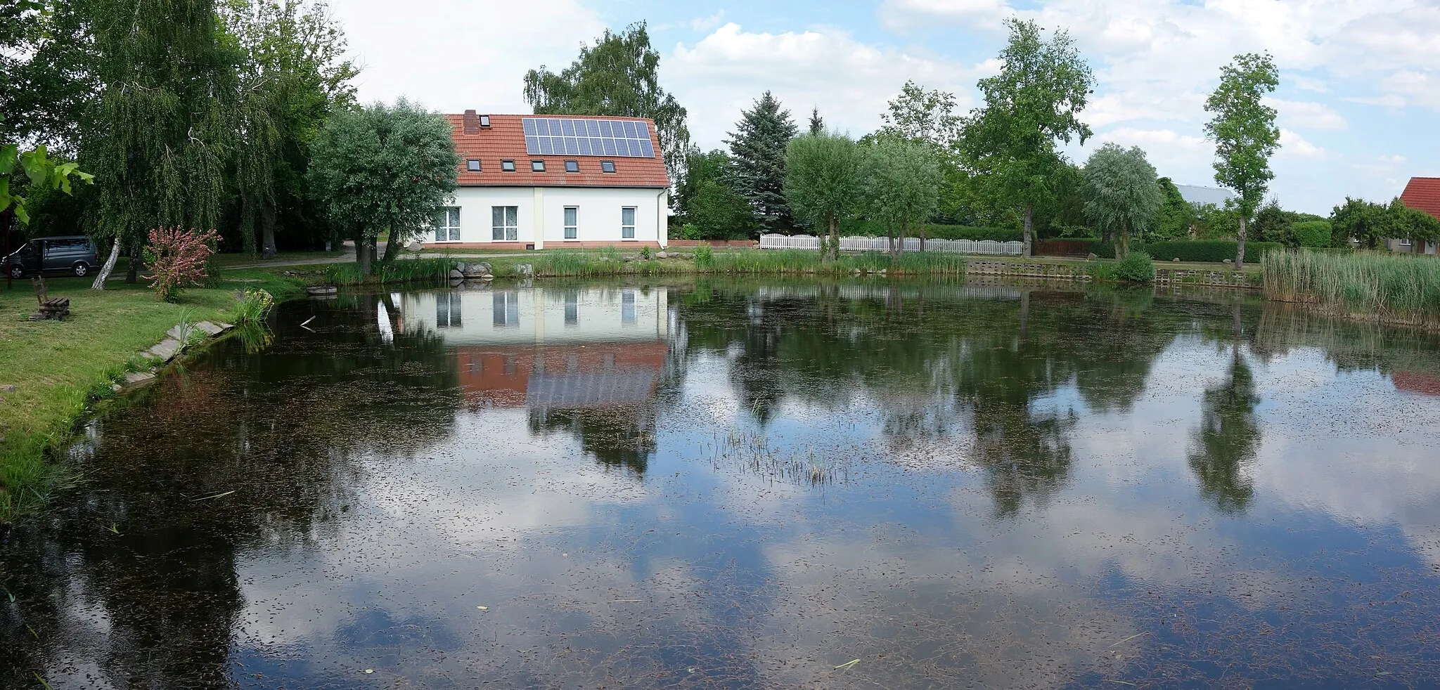 Photo showing: South-south-western view of the village pond  in Jamikow , Passow municipality , Uckermark district, Brandenburg state, Germany.