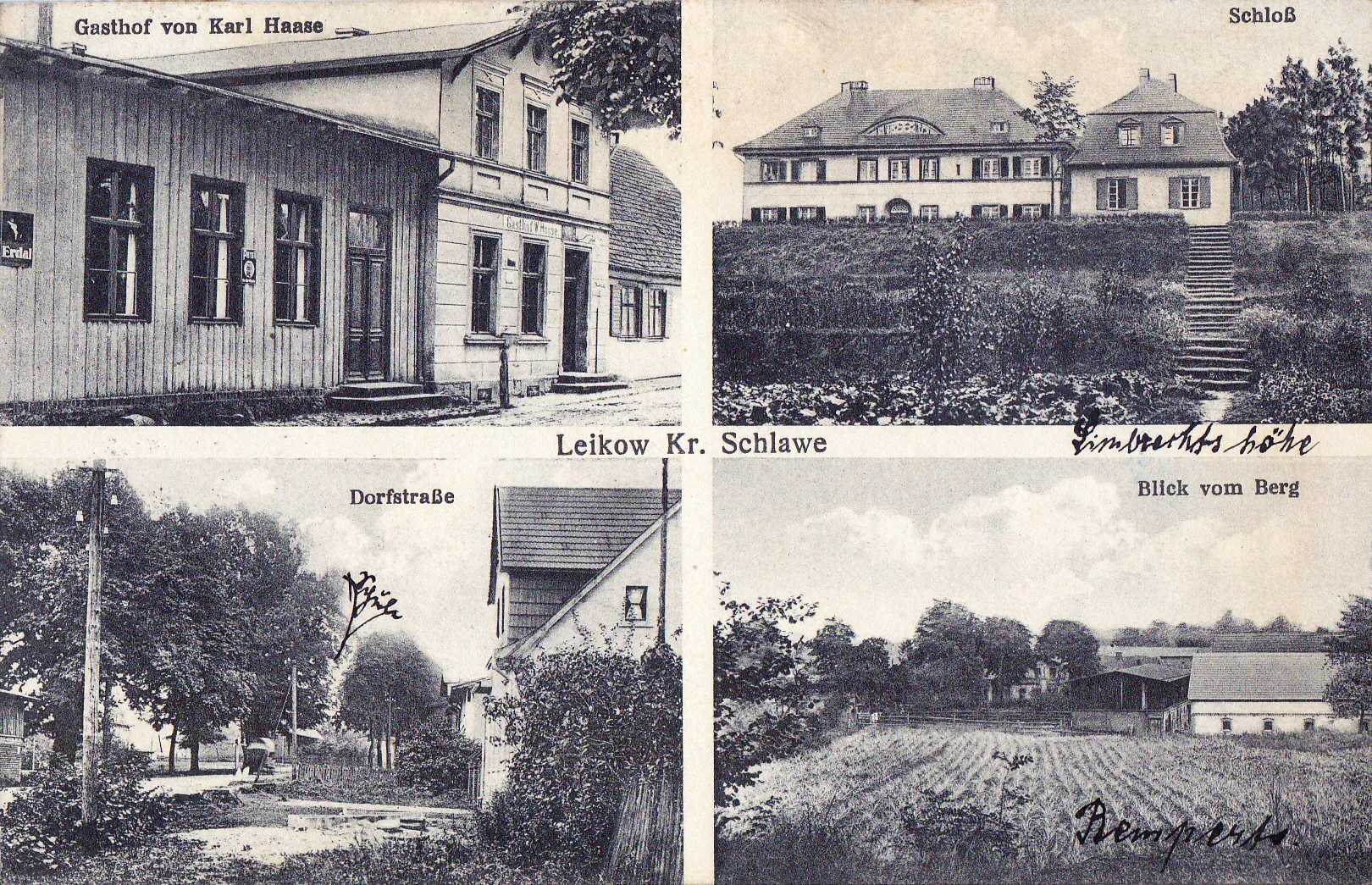 Photo showing: Lejkowo (German: Leikow), postcard sent on May 21, 1928. From the top: Karl Hasse Inn; School; Village road; View from the nearby hill. Publisher: Photograph Georg Schier.