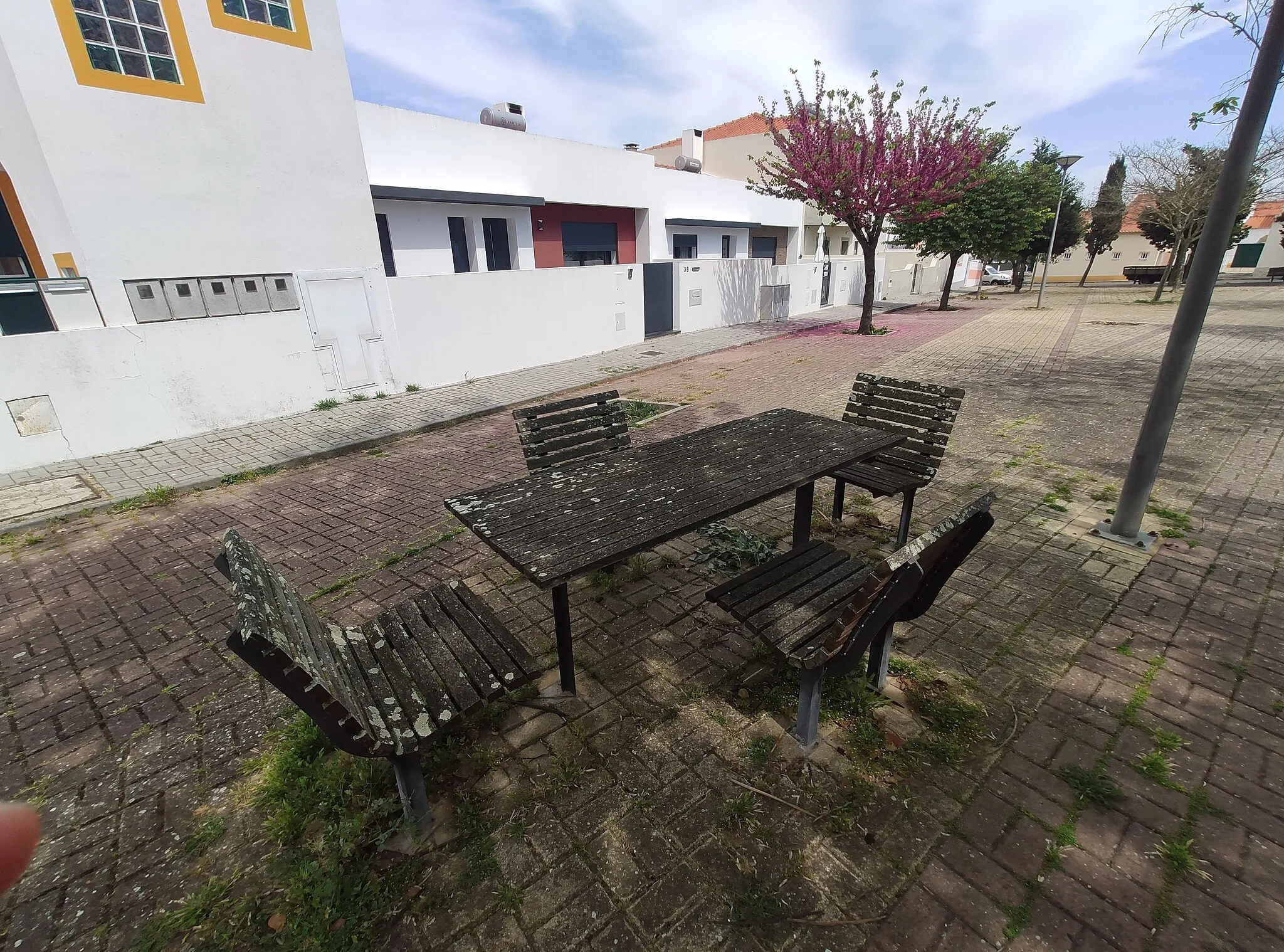 Photo showing: A picnic table with 4 seats that have backrest, there's shadow from a tree
The seats are "ergonomic" as they have a slight slope to make it more confortable