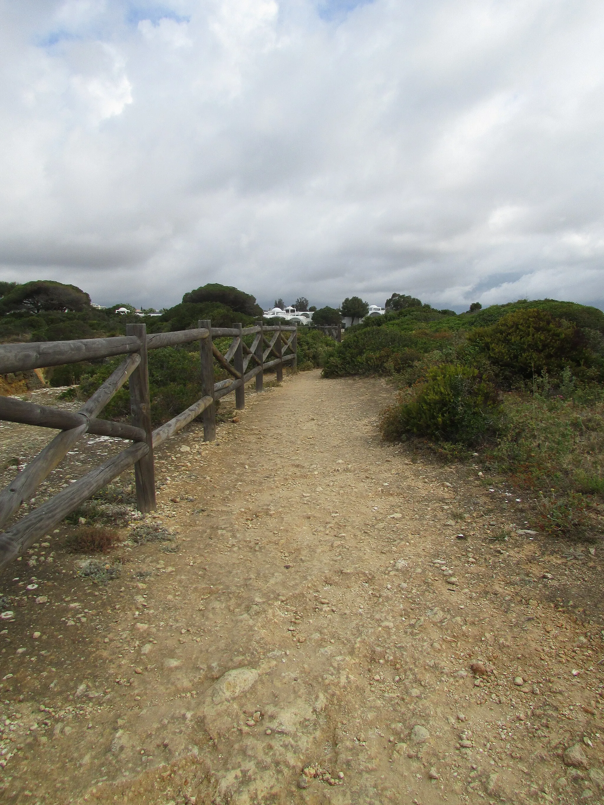 Photo showing: The Cliff top footpath above Praia da Coelha at the western end of the beach. This area is in the neighbourhood of Sesmarias west of the city of Albufeira, Algarve, Portugal.