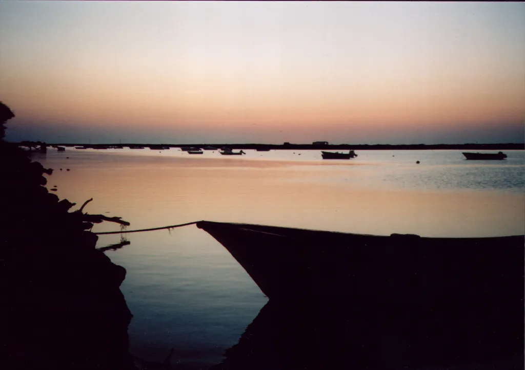 Photo showing: Fishing boats in the Ria Formosa at Cabanas de Tavira at sunrise.

Earth's shadow on the sky is visible as a dark, grey band along the horizon.