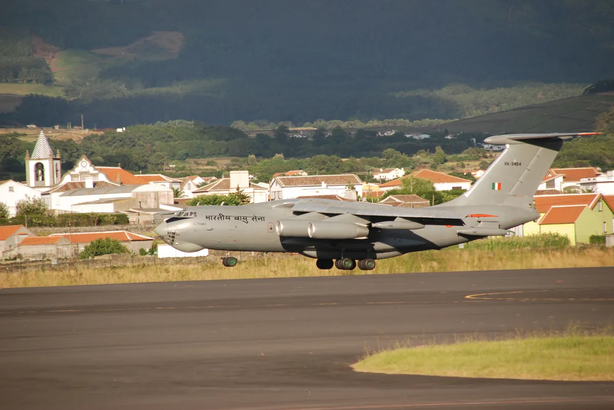 Photo showing: An Indian air force IL-78 air-to-air refueller lands at Lajes Field July 13. The IAF stopped at Lajes Field on their way to Red Flag at Nellis Air Force Base, Nev. This is the first time the IAF has deployed to the United States. Two IL-78s and one IL-76 transport aircraft escorted eight SU-30 MKI aircraft to Lajes Field.