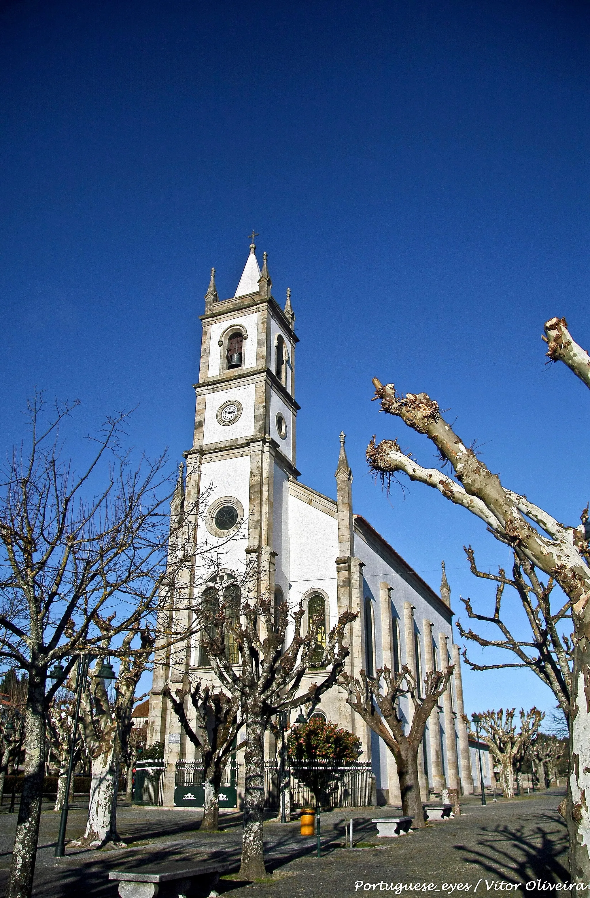 Photo showing: A igreja matriz e um templo com certa grandiosidade, construído nos fins do séc. XIX. A frontaria alteia-se em elevada agulha; o interior é de uma só nave. No largo fronteiro à igreja levanta-se o monumento aos beneméritos locais Dr. Joaquim Borges e sua esposa D. Maria Cândida. À direita e atrás da igreja, junto de dois carvalhos, um dos quais de grande porte, levanta-se a ermida de S. Miguel e Nª. Sª. da Saúde (restaurada em 1936), com alpendre. Em frente tem um padrão dos Centenários (1940). Entre as pessoas notáveis aqui nascidas citar-se-ão: o Dr. Jerónimo de Figueiredo, lente de Medicina e Farmácia na Universidade de Coimbra, sócio da Academia das Ciências e autor da Flora Farmacêutica (séc. XVIII -.XIX); seu filho, Dr. Albino Francisco Figueiredo e Almeida, lente da Escola Politécnica, deputado, sócio da Academia, autor de livros sobre matemática, etc.; Dr. Antonio Joaquim de Figueiredo e Silva, irmão do anterior, doutor em Medicina pela Universidade de Mompilher, bacharel em Filosofia, sócio da Academia, etc.; padre Francisco Pires da Costa, geral da congregação de S. Camilo de Lelis, orador, escritor, etc.. Nos meados do séc. XVIII, a freguesia era priorado da coroa, rendendo uns 650 mil reis por ano. 7maravilhasdegouveia.blogspot.pt/2009/06/igreja-matriz-vi...