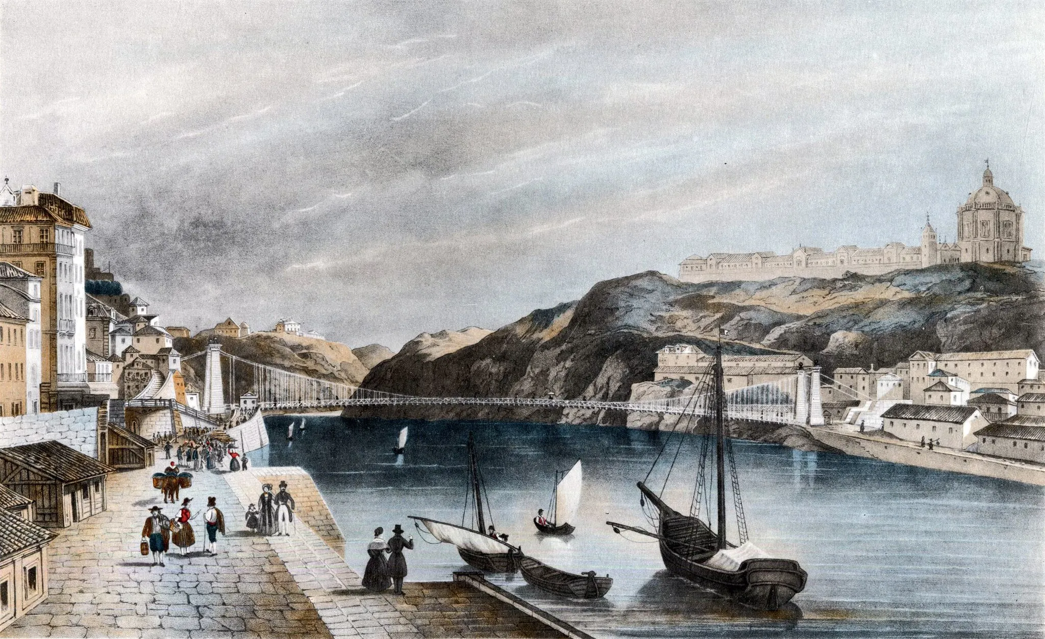 Photo showing: Reprodução de gravura publicada cerca de 1850, representando parte do Cais da Alfândega do Porto e Cais da Ribeira, o Rio Douro, com a Ponte Pênsil, parte de Vila Nova de Gaia e a Serra do Pilar.