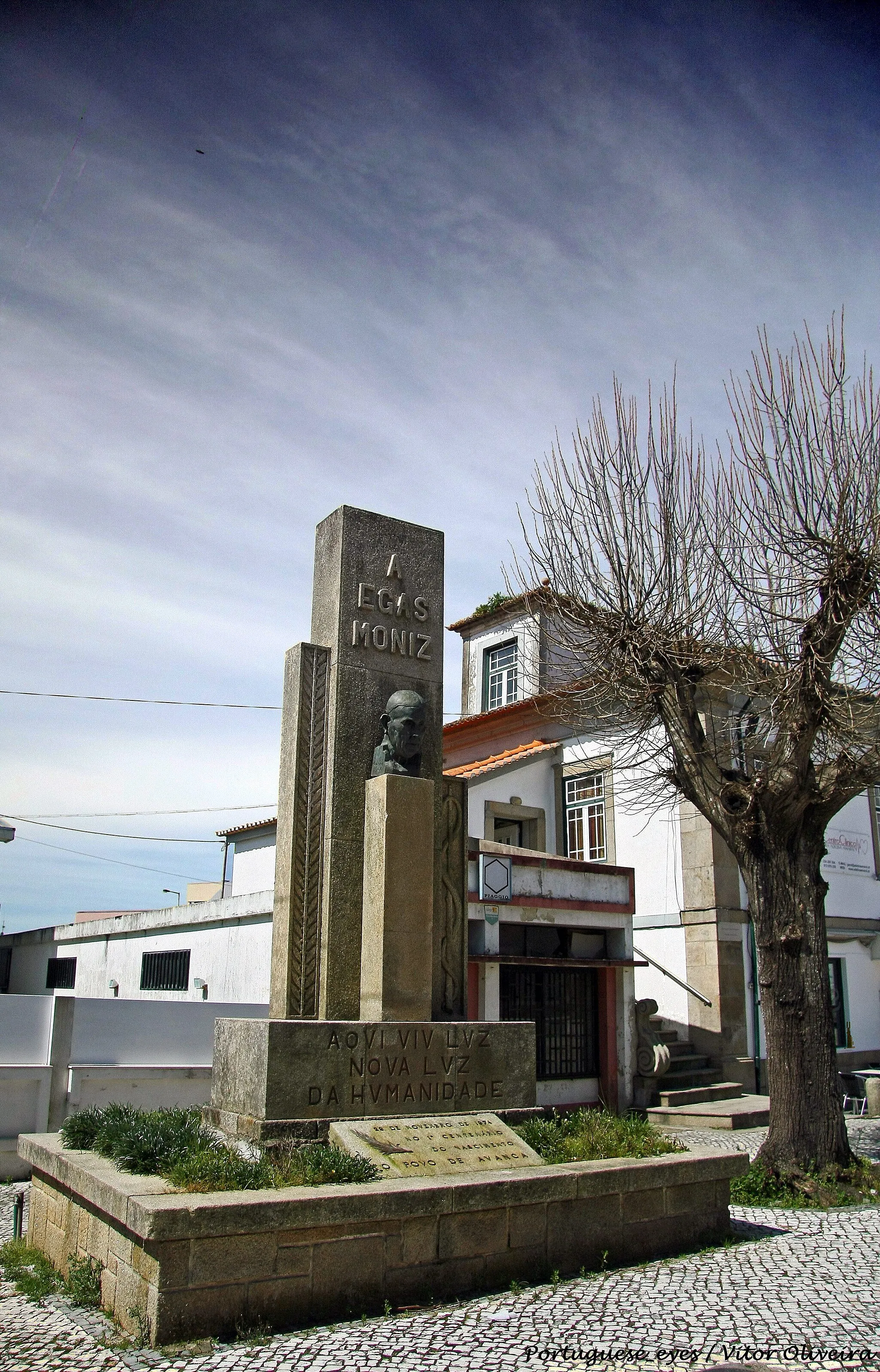 Photo showing: Nascido António Caetano de Abreu Freire de Resende no seio de uma família aristocrata rural, a dos Viscondes de Baçar, seu tio paterno e padrinho, o padre Caetano de Pina Resende Abreu e Sá Freire, insistiria para que ao apelido (sobrenome) fosse adicionado Egas Moniz, em virtude de a família de Resende descender em linha directa de Egas Moniz, o mordomo de Dom Afonso Henriques.
O Egas Moniz, o Aio (1080-1146) antepassado do neurologista português, apareceu com sua família antes de o rei de Leão. Mosaico na estação São Bento (Porto), por Jorge Colaço (1864-1942)
Formação e actividade académica
Completou a instrução primária na Escola do Padre José Ramos, em Pardilhó, e o Curso Liceal no Colégio de S. Fiel, dos Jesuítas, em Louriçal do Campo, concelho de Castelo Branco. Formou-se em Medicina na Universidade de Coimbra, onde começou por ser lente substituto, leccionando anatomia e fisiologia. Em 1911 foi transferido para a recém-criada Faculdade de Medicina da Universidade de Lisboa onde foi ocupar a cátedra de neurologia como professor catedrático. Reformou-se em fevereiro de 1944 fruto de uma depressão exacerbada, motivada pela existência de quórums que questionavam a sua capacidade para leccionar, devido à dimensão desproporcional das suas orelhas.
Em 1950 é fundado, no Hospital Júlio de Matos, o Centro de Estudos Egas Moniz, do qual é presidente. O Centro de Estudos é, em 1957] transferido para o serviço de Neurologia do Hospital de Santa Maria onde existe ainda hoje compreendendo, entre outros, o Museu Egas Moniz (onde se encontra uma restituição do seu gabinete de trabalho com as peças originais, vários manuscritos, entre outros).
Egas Moniz contribuiu decisivamente para o desenvolvimento da medicina ao conseguir pela primeira vez dar visibilidade às artérias do cérebro. A Angiografia Cerebral, que descobriu após longas experiências com raios X, tornou possível localizar neoplasias, aneurismas, hemorragias e outras mal-formações no cérebro humano e abriu novos caminhos para a cirurgia cerebral.
As suas descobertas clínicas foram reconhecidas pelos grandes neurologistas da época, que admiravam a acuidade das suas análises e observações.
A 5 de Outubro de 1928 foi agraciado com a Grã-Cruz da Ordem de Benemerência e a 3 de Março de 1945 com a Grã-Cruz da Ordem Militar de Sant'Iago da Espada.
Actividade política e literária
Egas Moniz teve também papel activo na vida política. Foi fundador do Partido Republicano Centrista, dissidência do Partido Evolucionista; apoiou o breve regime de Sidónio Pais, durante o qual exerceu as funções de Embaixador de Portugal em Madrid (1917) e Ministro dos Negócios Estrangeiros (1918); viu entretanto o seu partido fundir-se com o Partido Sidonista. Foi ainda um notável escritor e autor de uma notável obra literária, de onde se destacam as obras "A nossa casa" e "Confidências de um investigador científico". É também autor de um notável ensaio de crítica literária, "Júlio Dinis e a sua obra" (1924), onde demonstra que o escritor Júlio Dinis se inspirou em personagens reais oriundas de Ovar na criação das figuras principais dos seus romances "A Morgadinha dos Canaviais" e "Pupilas do Senhor Reitor". Egas Moniz também escreveu sobre pintura e reuniu uma notável colecção de pintura naturalista, actualmente aberta ao público na Casa-Museu Egas Moniz, em Estarreja, onde se destacam obras de Silva Porto, José Malhoa e Carlos Reis, além de peças de louça, prata e mobiliário de variada proveniência, testemunho o seu grande interesse e apurado gosto pelas artes plásticas e decorativas.

Faleceu em Lisboa, a 13 de Dezembro de 1955. pt.wikipedia.org/wiki/Ant%C3%B3nio_Egas_Moniz