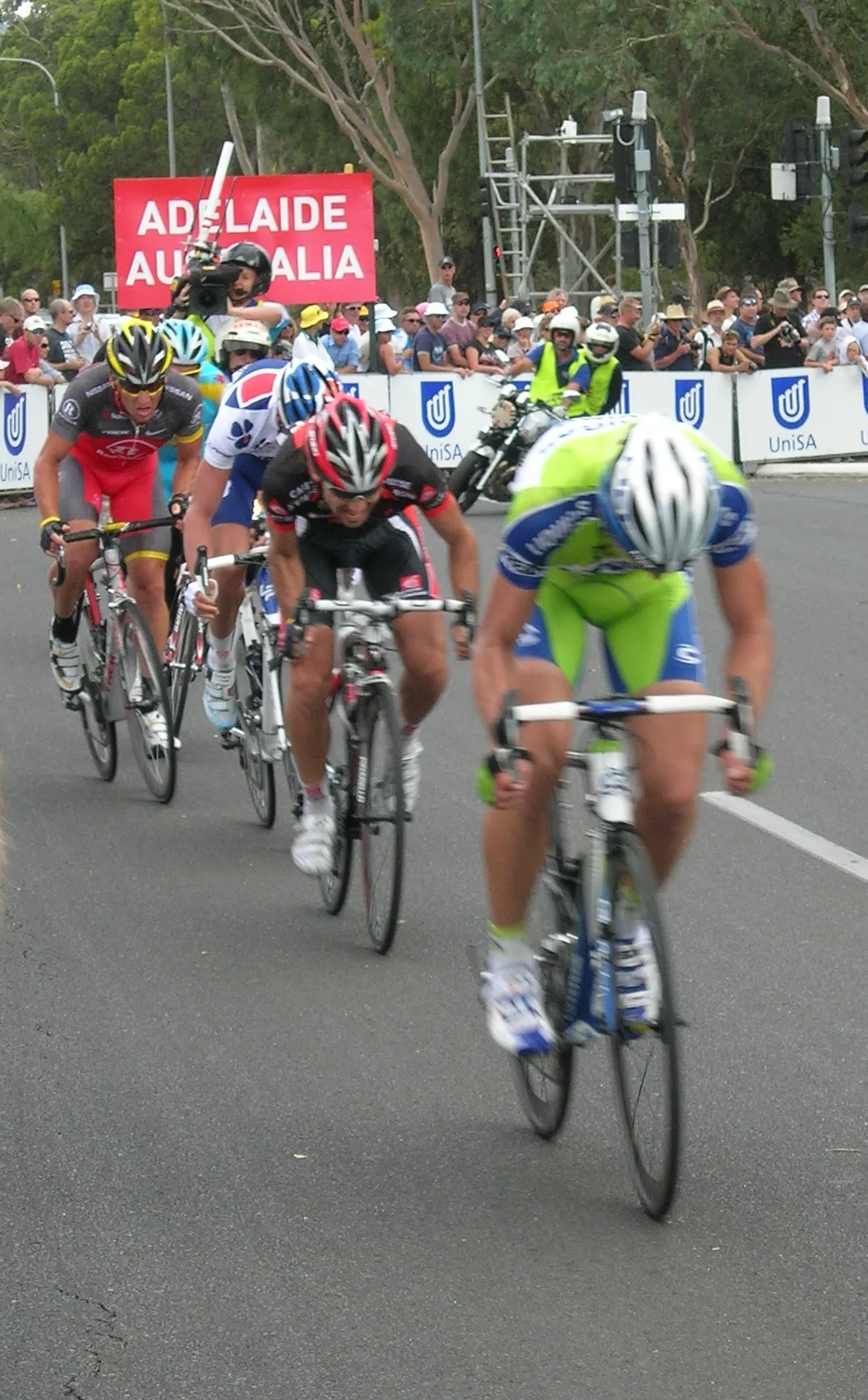 Photo showing: (From back to front) Óscar Pereiro (mostly obscured), Lance Armstrong, Mickaël Cherel, Mathieu Perget and Peter Sagan in a breakaway during the Cancer Council Classic before the 2010 Tour Down Under.