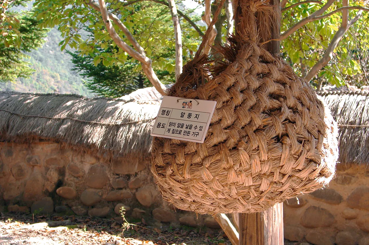 Photo showing: Wicker hen-coop. This basket looking device provides a place for a hen to go to lay eggs.

Cheongpung Cultural Properties Complex - located by the Chungjuho Lake. This complex is a reconstructtion of Cheongpung, a village that became submerged after the construction of Chungju Dam. It took three years to relocate the buildings and structures in the current site at a cost of of over 1.6 trillion won.