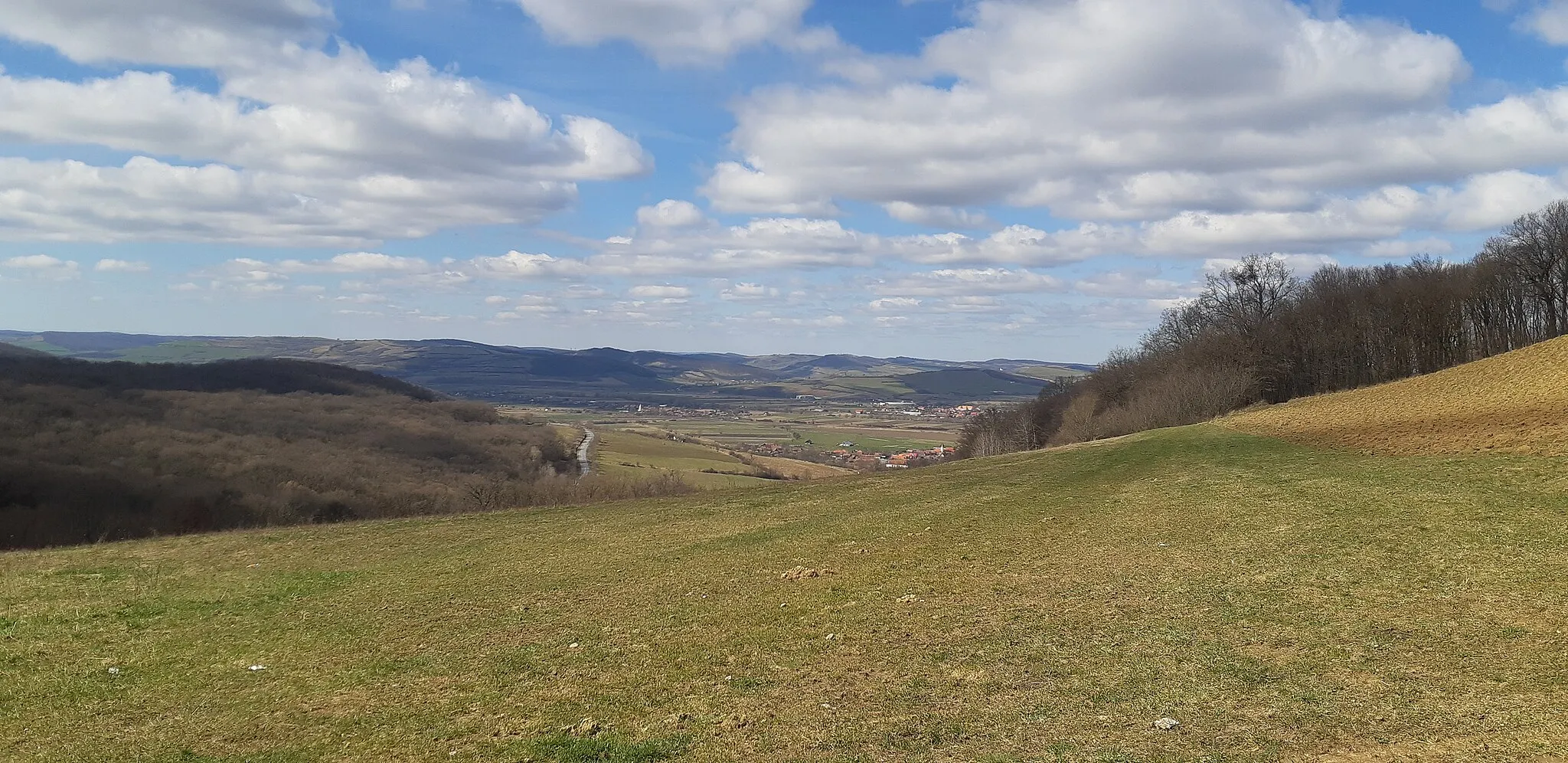 Photo showing: Valea Nirajului - Panoramă de la punctul de maxim altitudinal al DJ135A (între Rigmani și Sântana), a localității.