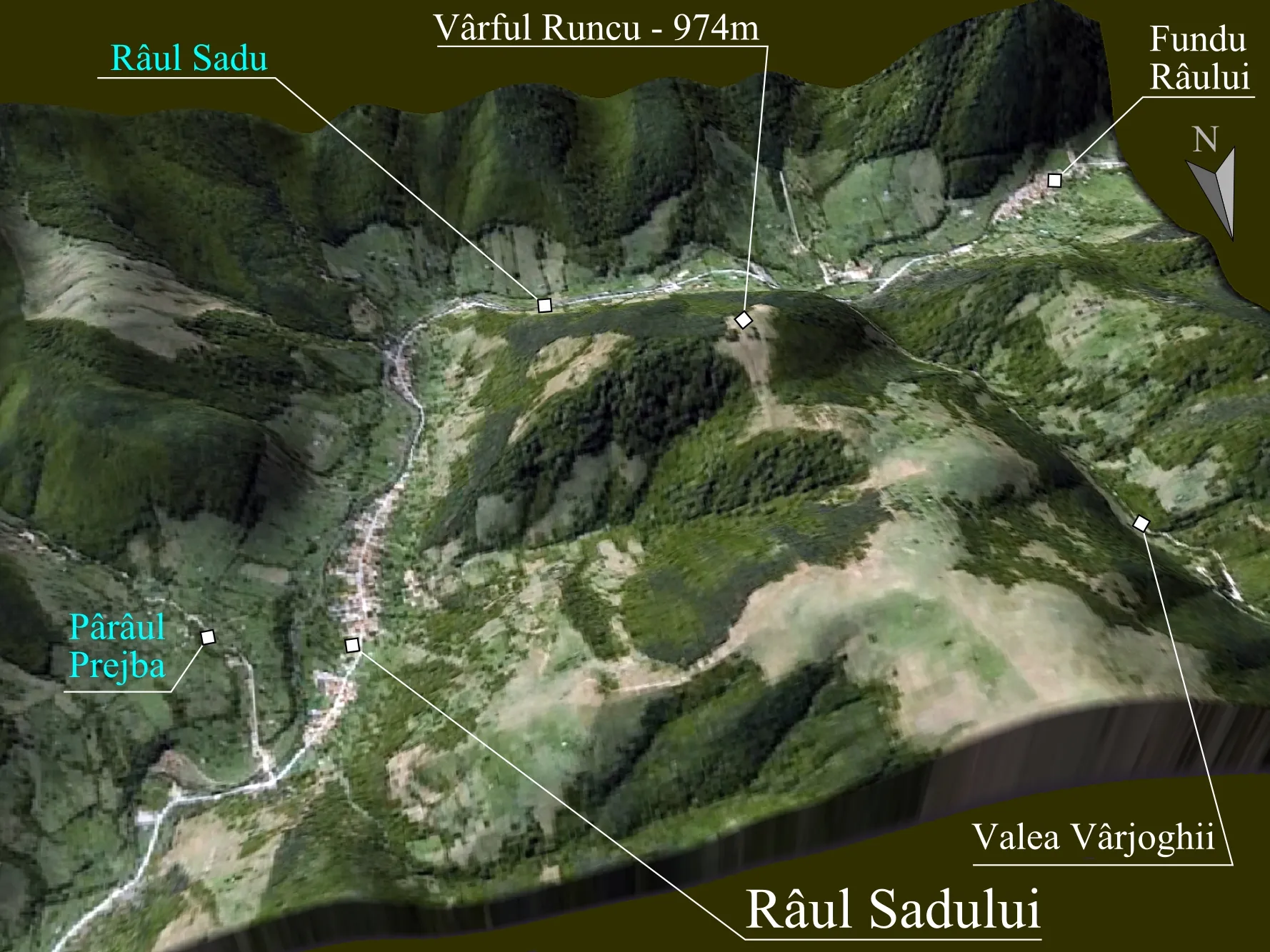 Photo showing: Prelucrare 3D pentru Râul Sadului, Sibiu. Imagine realizată cu date SRTM furnizate liber de NASA şi textură World Imagery.