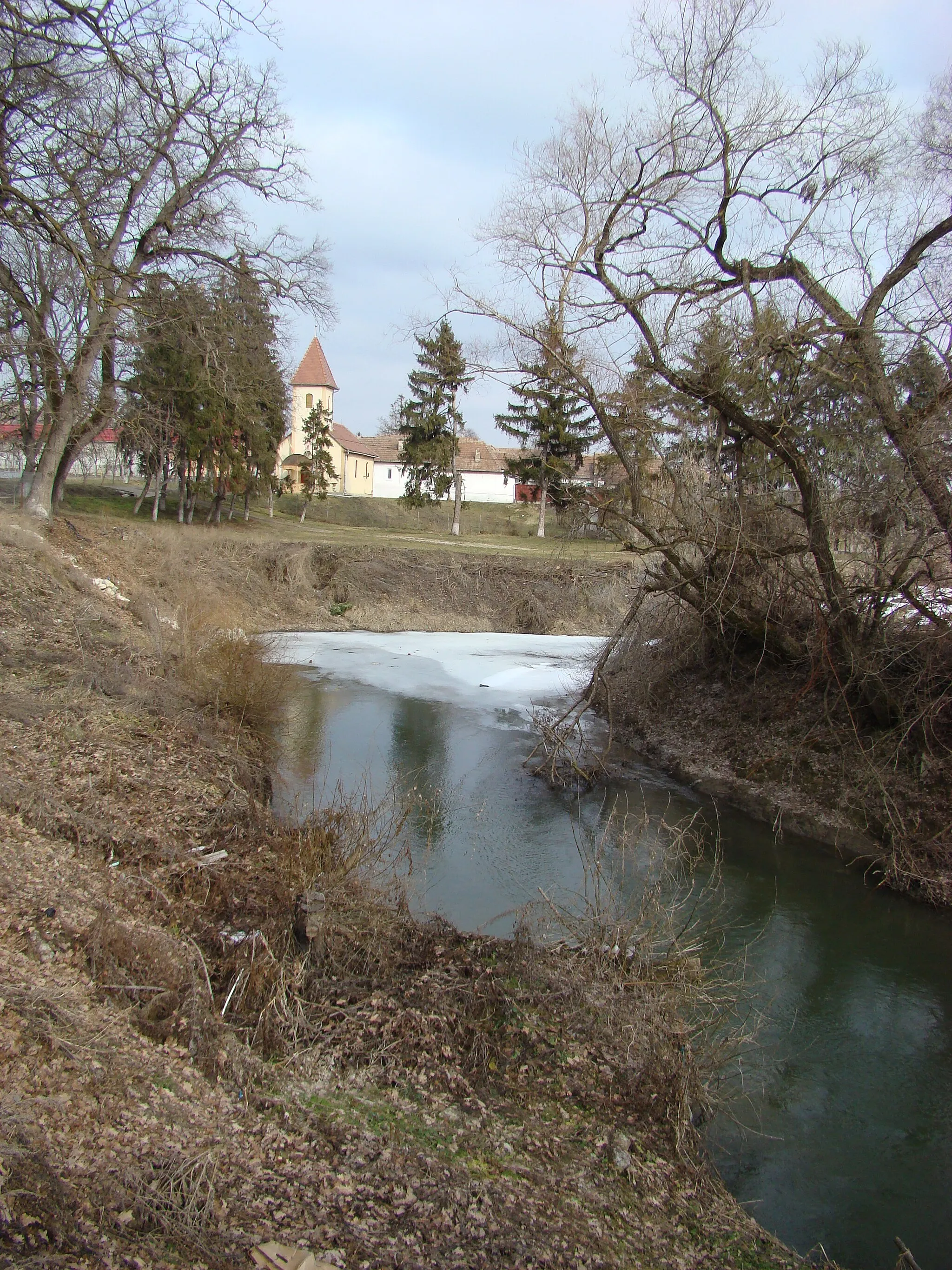 Photo showing: râul Târnava Mică și biserica ortodoxă din Mica