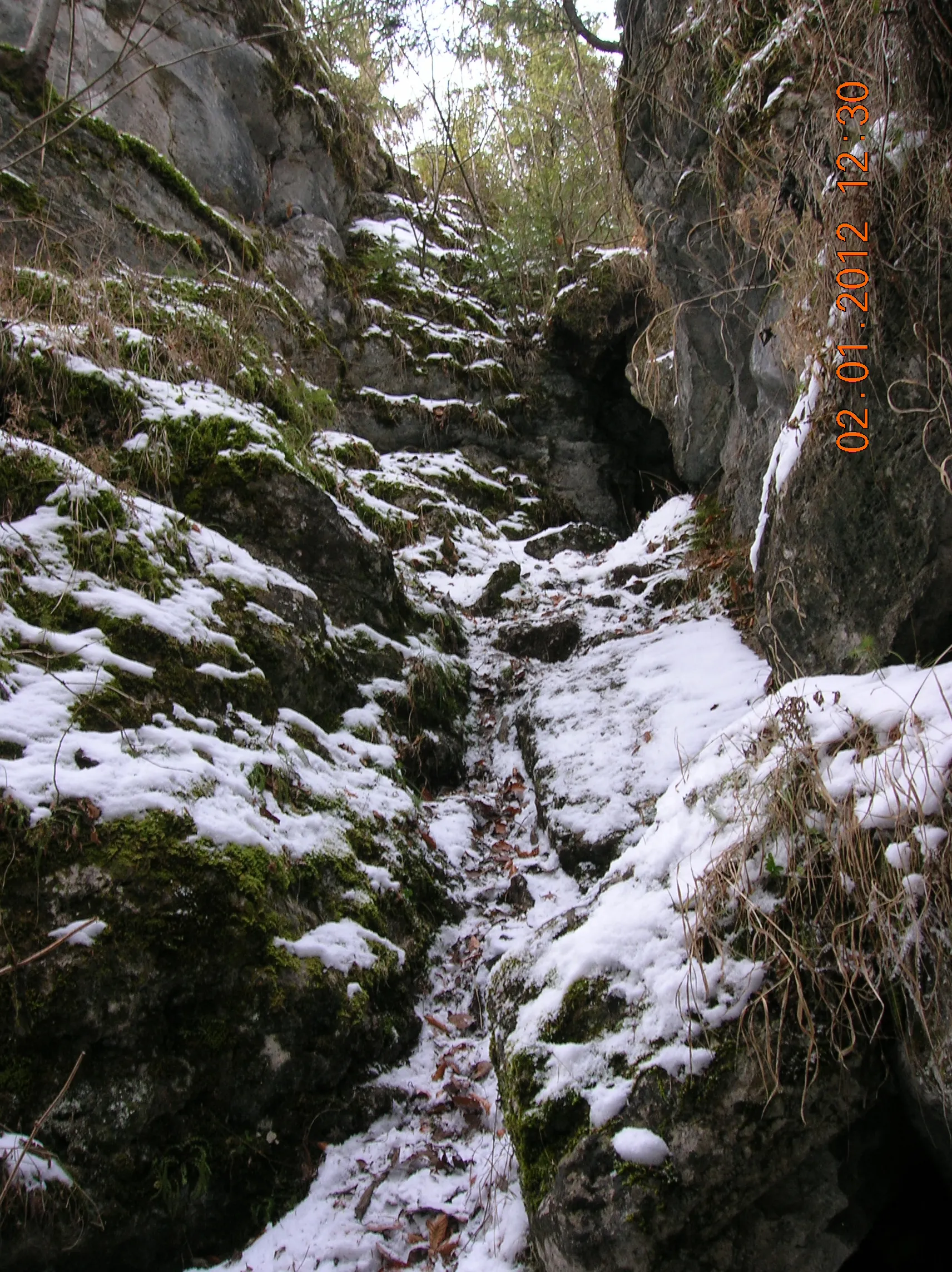 Photo showing: Jud. Harghita, Oraş Borsec, Rezervaţia Scaunul Rotund, Cerdacul Iadului - afloriment. În capătul de sus ieşirea unui mic culoar