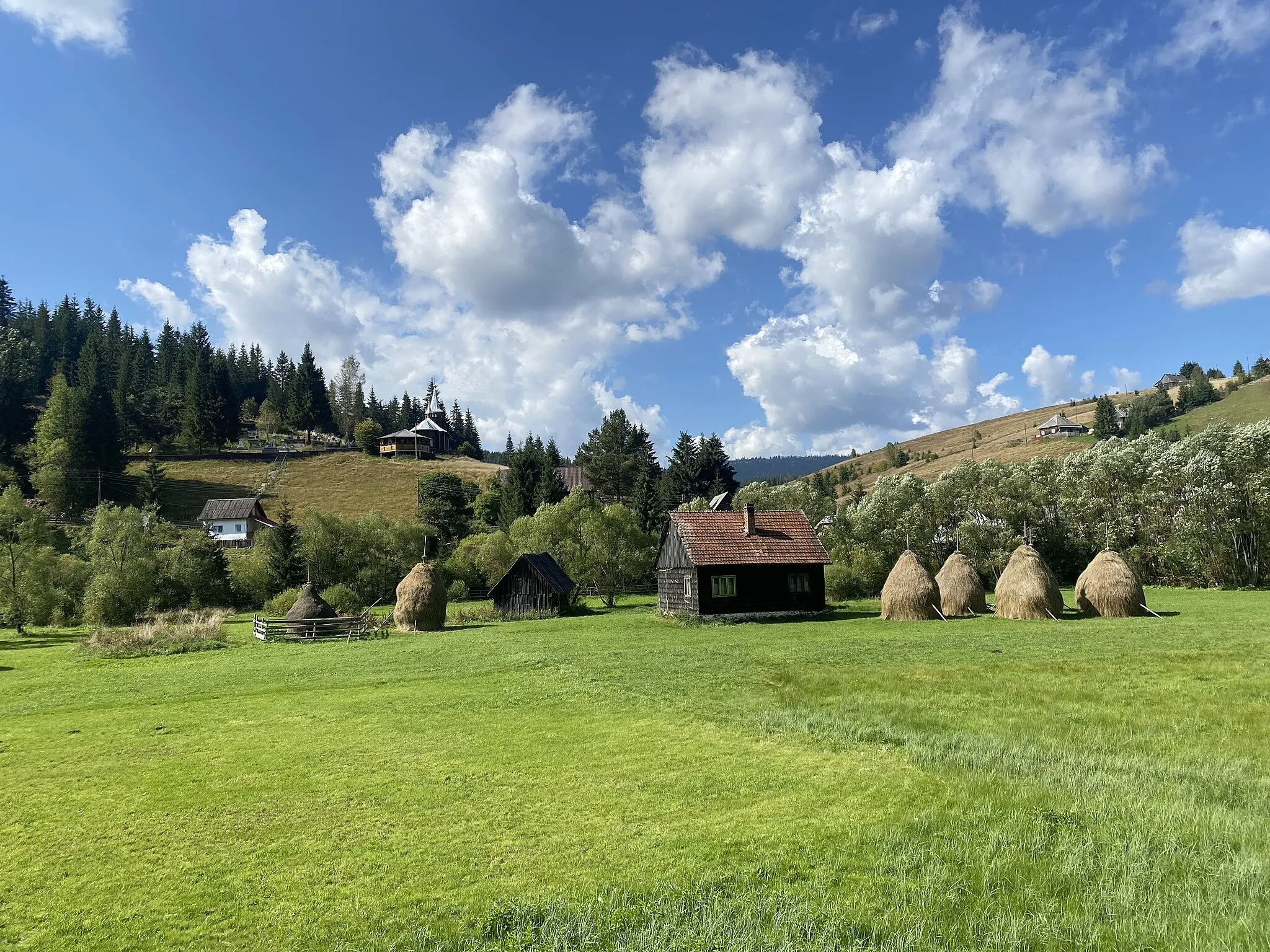 Photo showing: Poiana Horea, village in Beliș commune in Cluj County, Transylvania, ROMANIA
Landscape in the Apuseni Mountains (Munții Apuseni)

Farm with haystacks (Hay drying poles), church and cemetery