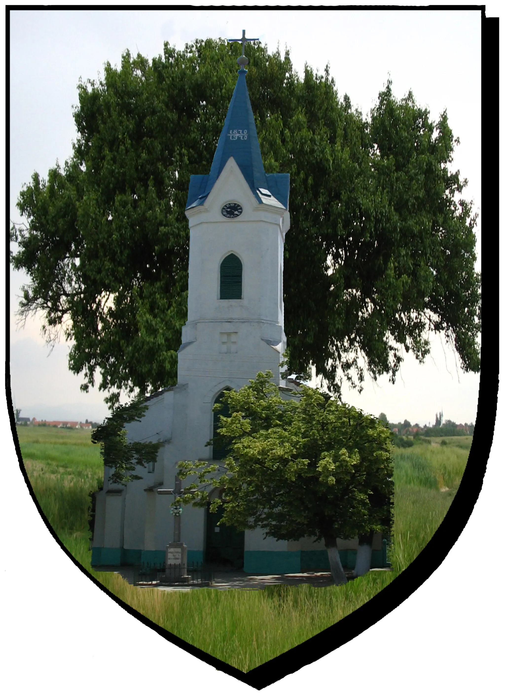 Photo showing: Das Wappen der Heimatortsgemeinschaft Wetschehausen stellt die original katholische Kirche in Wetschehausen dar, mit dem berühmten Birnbaum im Hintergrund, welcher in der Gegend als eingetragener Orientierungspunkt vom rumänischen Staat geschützt ist, sowie das Dorf Wetschehausen, auf rumänisch Petroasa-Mare.