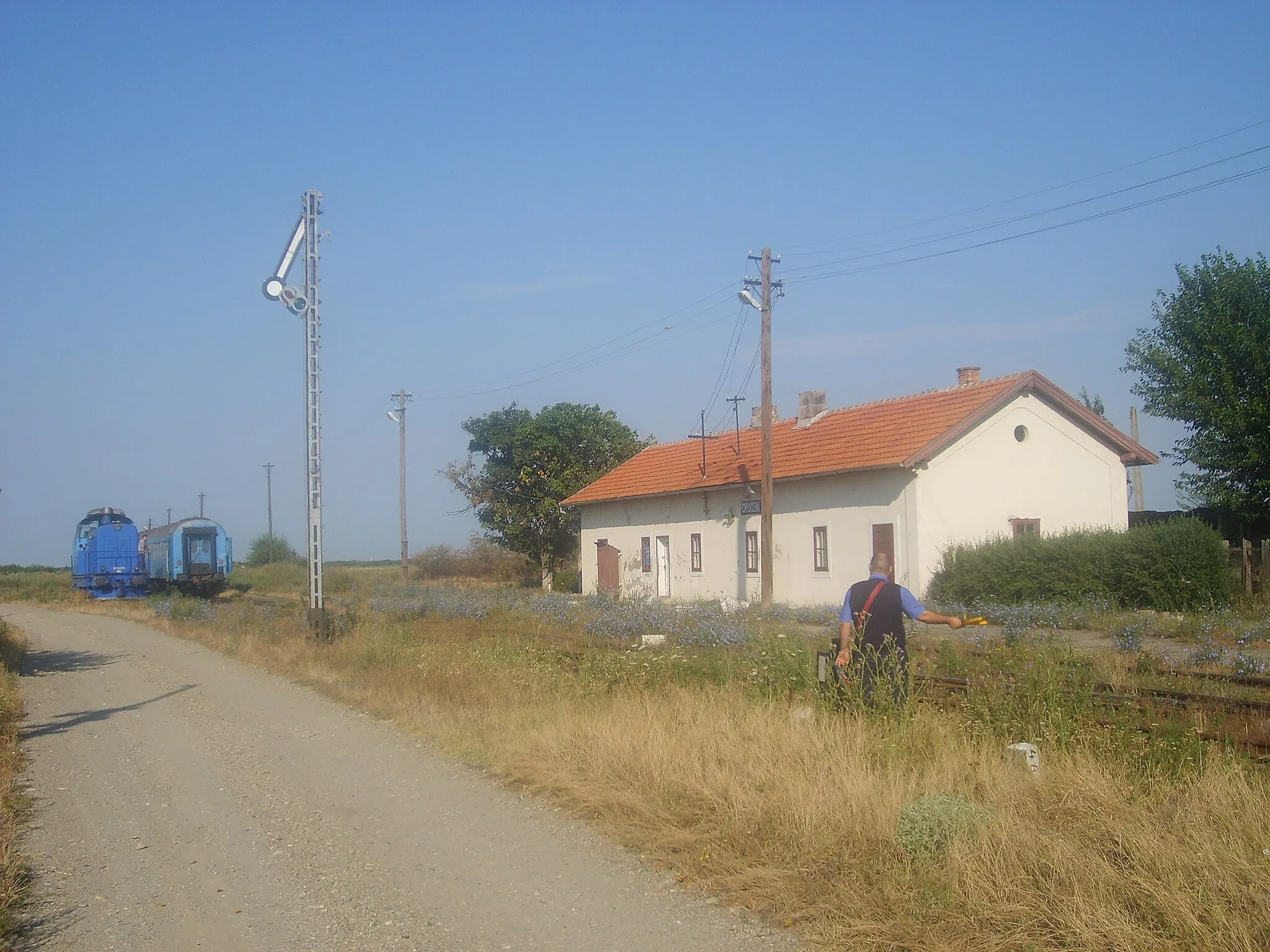 Photo showing: Train station in Cruceni (Hungarian: Temeskeresztes), a final stop on a railway from Timişoara. Before 1918, the railway continued to Modos (present-day Jaša Tomić in Serbia).