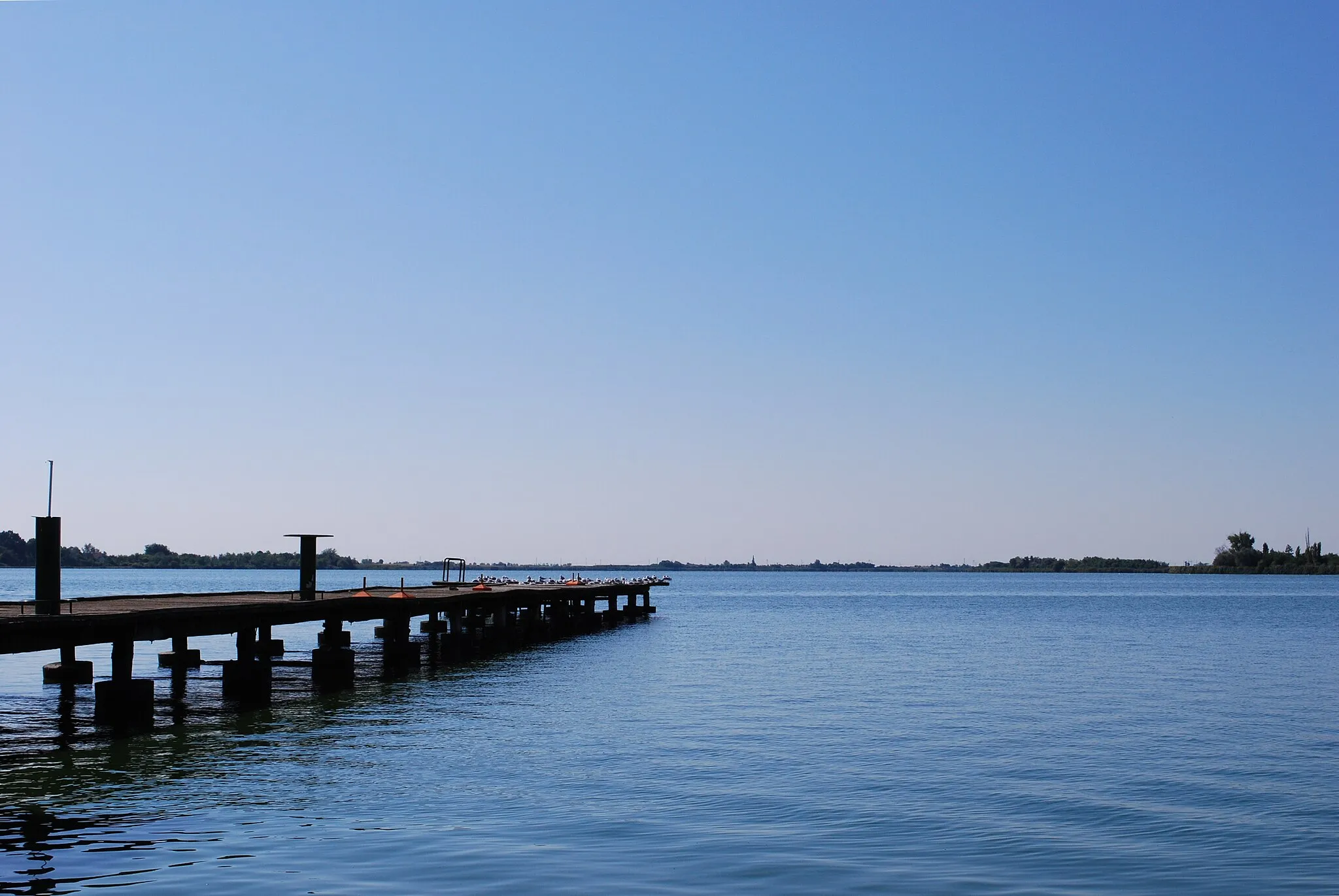Photo showing: View of the Palic (Palics/Palić) lake, taken just west of the Ženski Štrand. Štrand's pier is in the view.