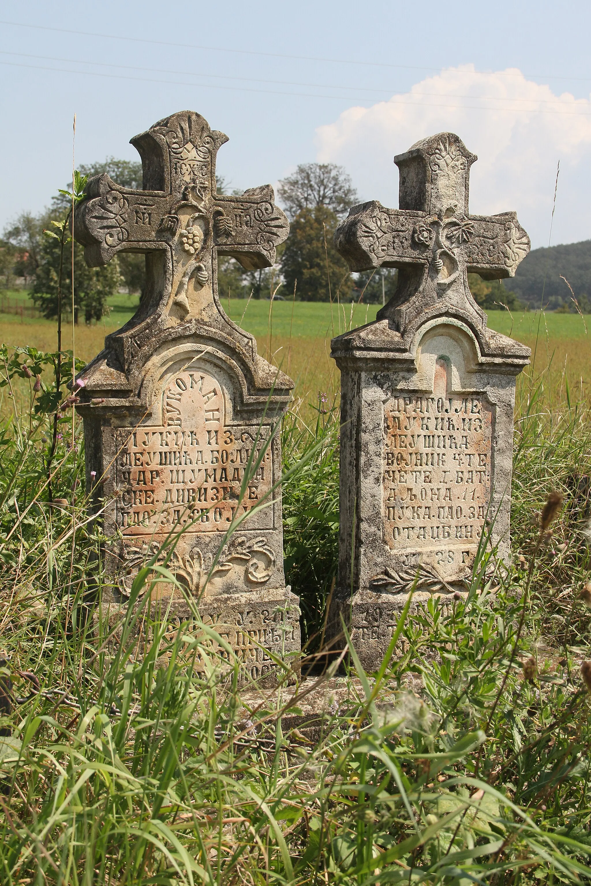 Photo showing: Roadside gravestones erected in memory of Lukic brothers, Vukoman and Dragojlo, located in the village of Leusici (the municipality of Gornji Milanovac), Serbia.
