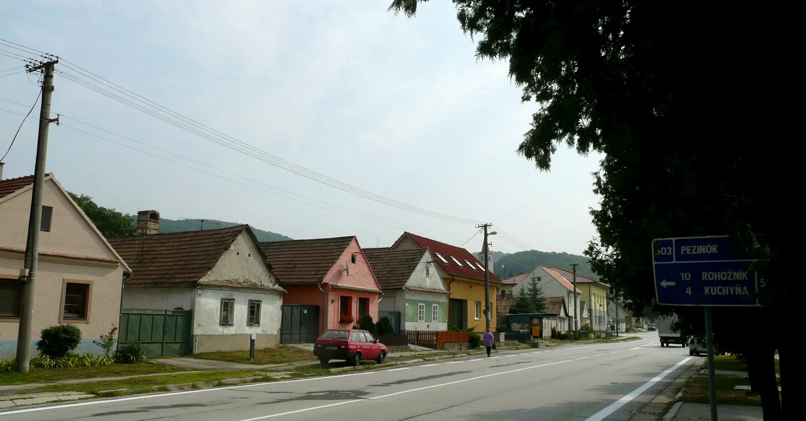 Photo showing: Main street with typical houses in Pernek, Western Slovakia