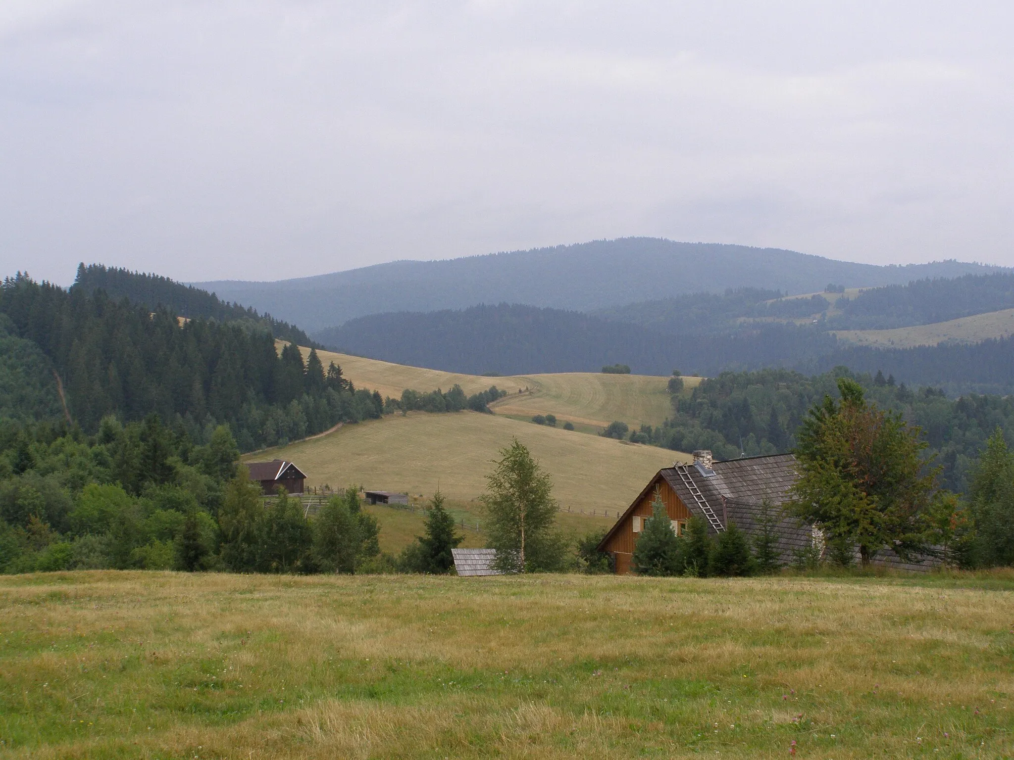 Photo showing: Slovenské rudohoří, Veporské vrchy, Balocké vrchy, pohled z úbočí vrcholu Dlhý grúň (1062 m) na jihovýchod